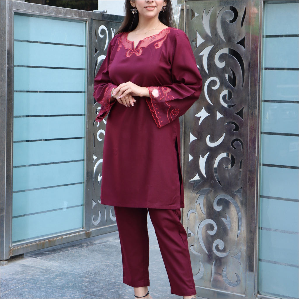 Brown Blue Maroon Wine Spun Co-ord Set with Organza Bell Sleeves