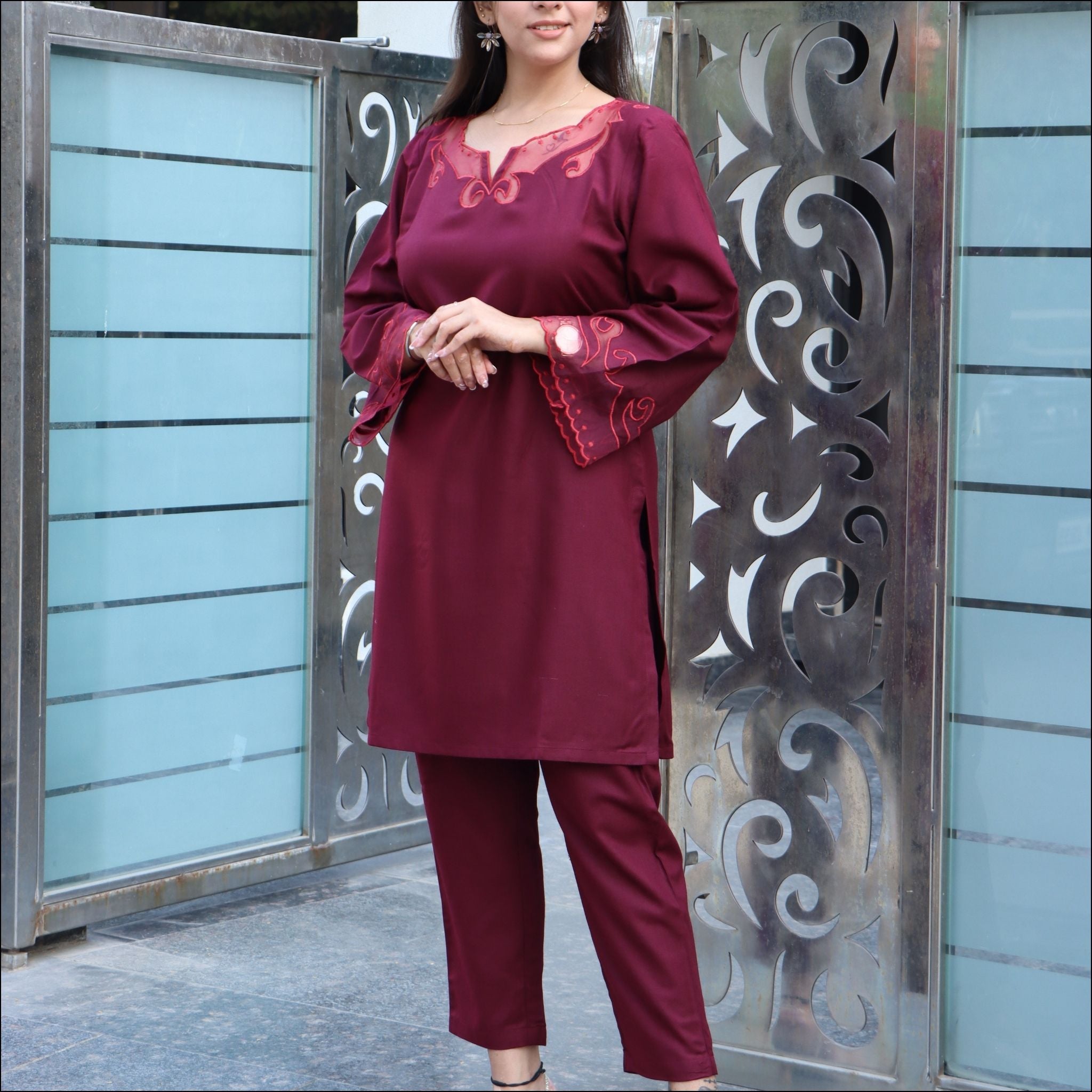 Brown Blue Maroon Wine Spun Co-ord Set with Organza Bell Sleeves