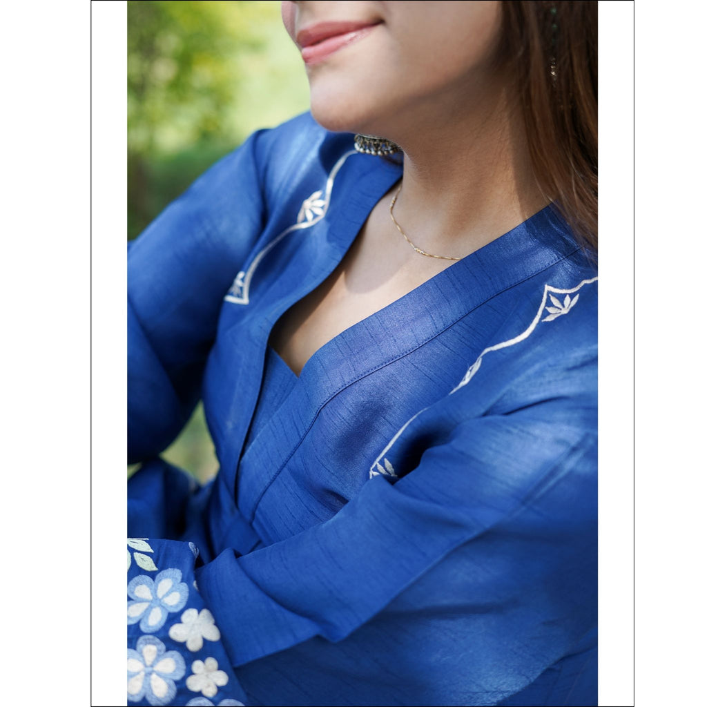 Blue Dupian Kurti Pant Set with Floral Embroidery & V-Neck
