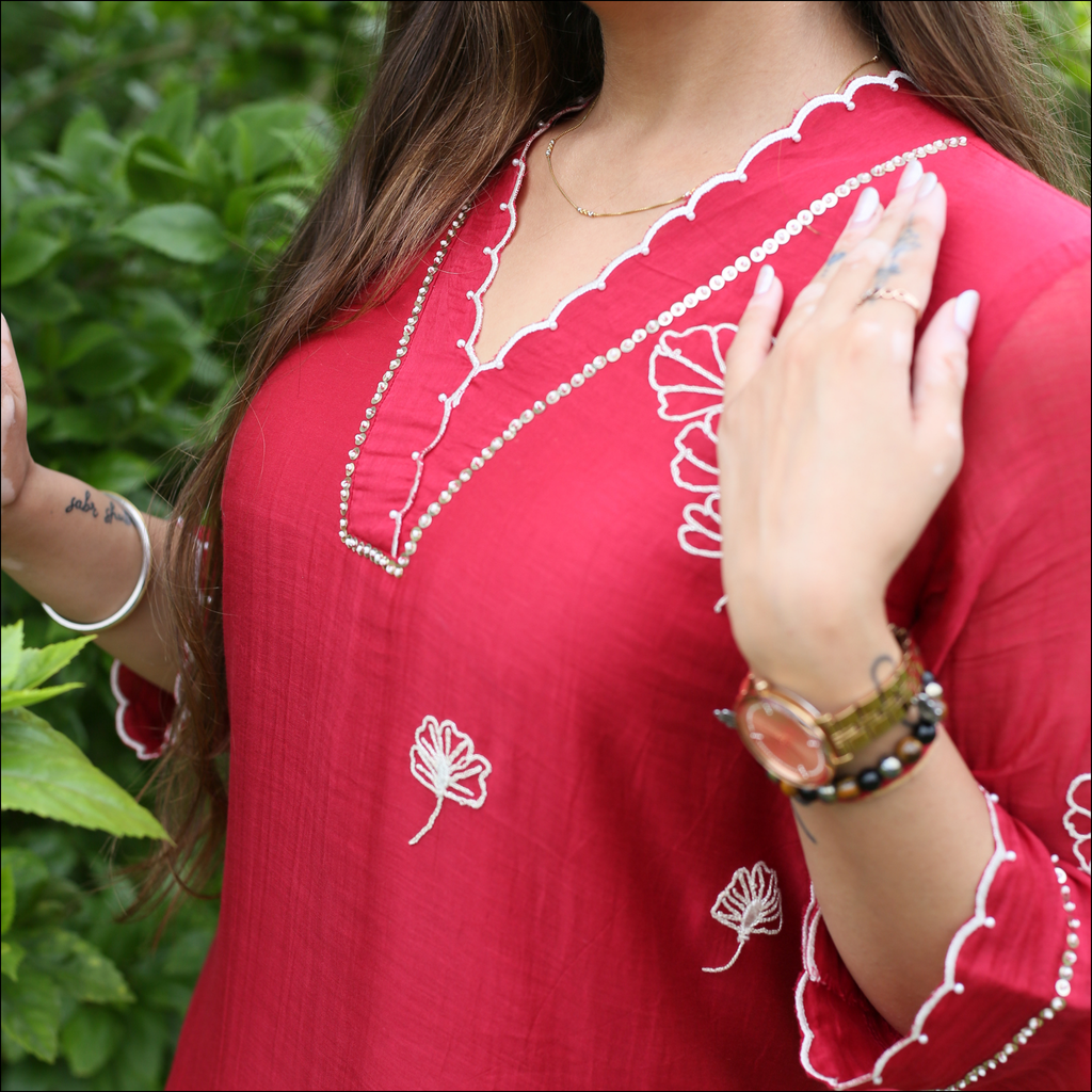 Red Mul Cotton Kurti Set with Dori, Sequin & Pearl Work