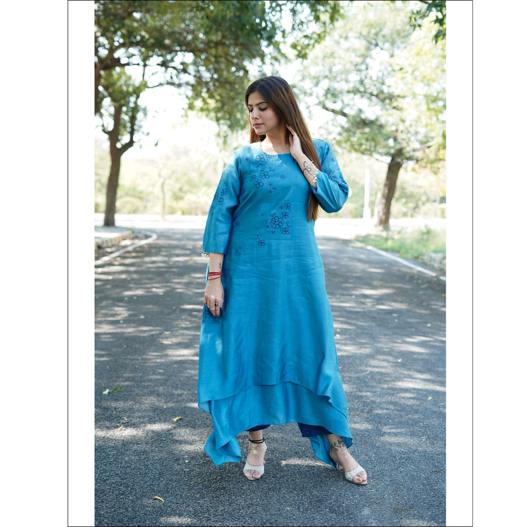 Teal Blue Chanderi Asymmetrical Kurti Pant Set with Floral Embroidery