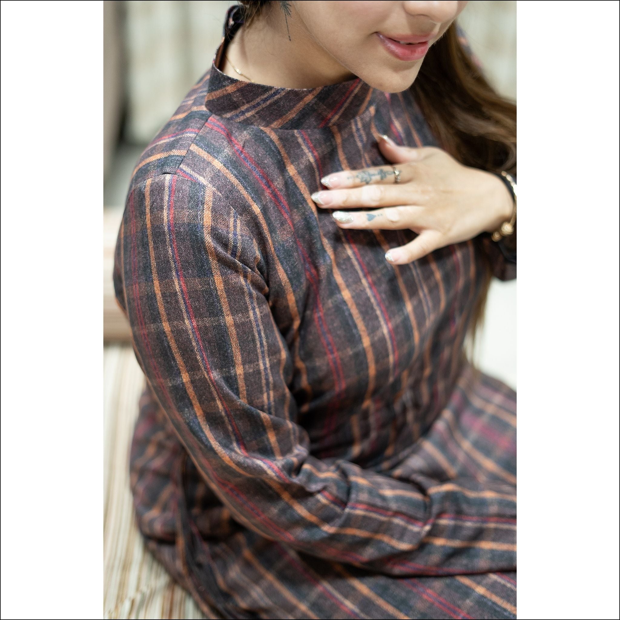 Grey Spun Checks Dress with High Neck & Adjustable Waist Dori