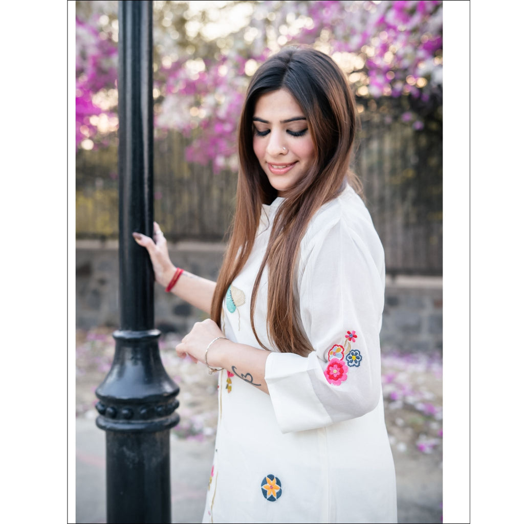 White Pure Mul Kurti with Embroidery, Pearls & Designer Buttons