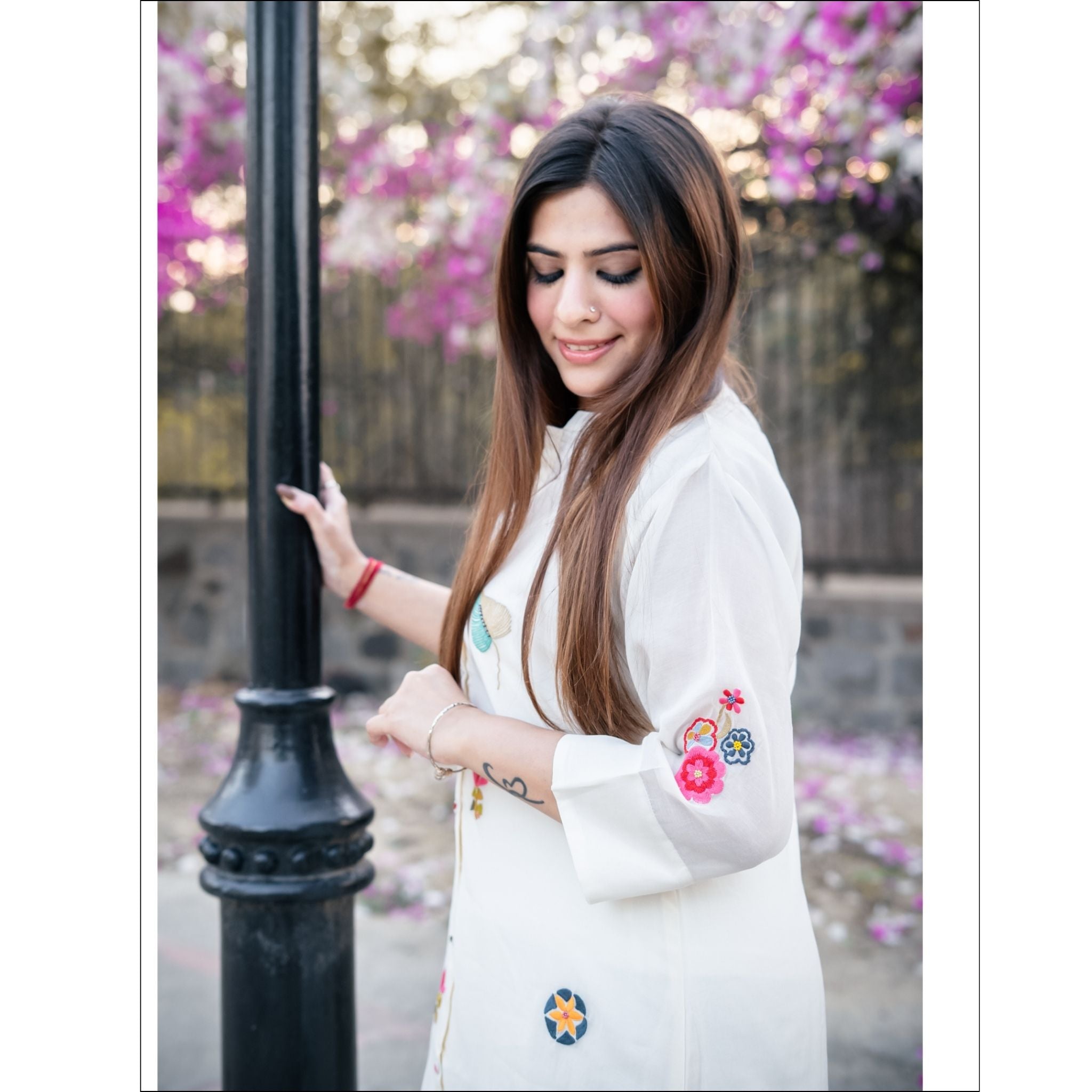 White Pure Mul Kurti with Embroidery, Pearls & Designer Buttons