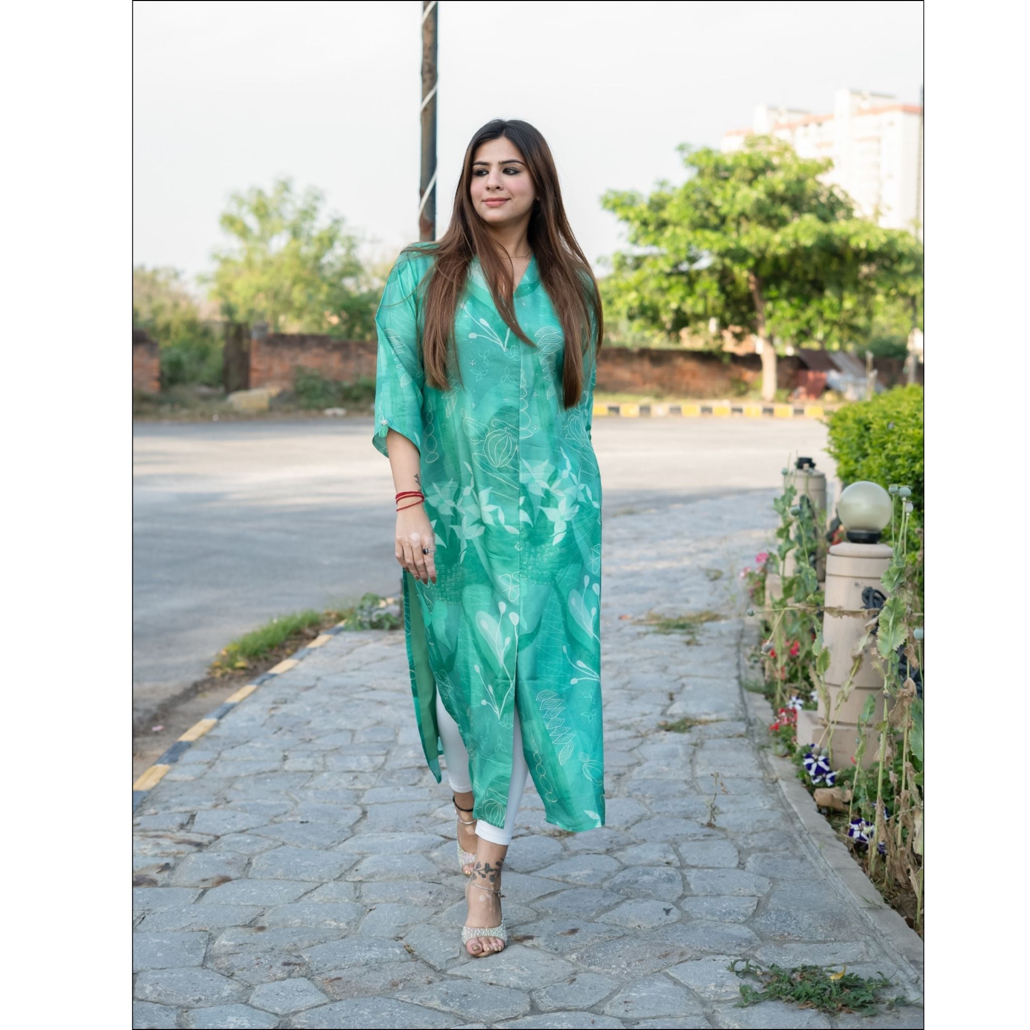 Mint Green Muslin Kurti with Botanical Print & V-Neck