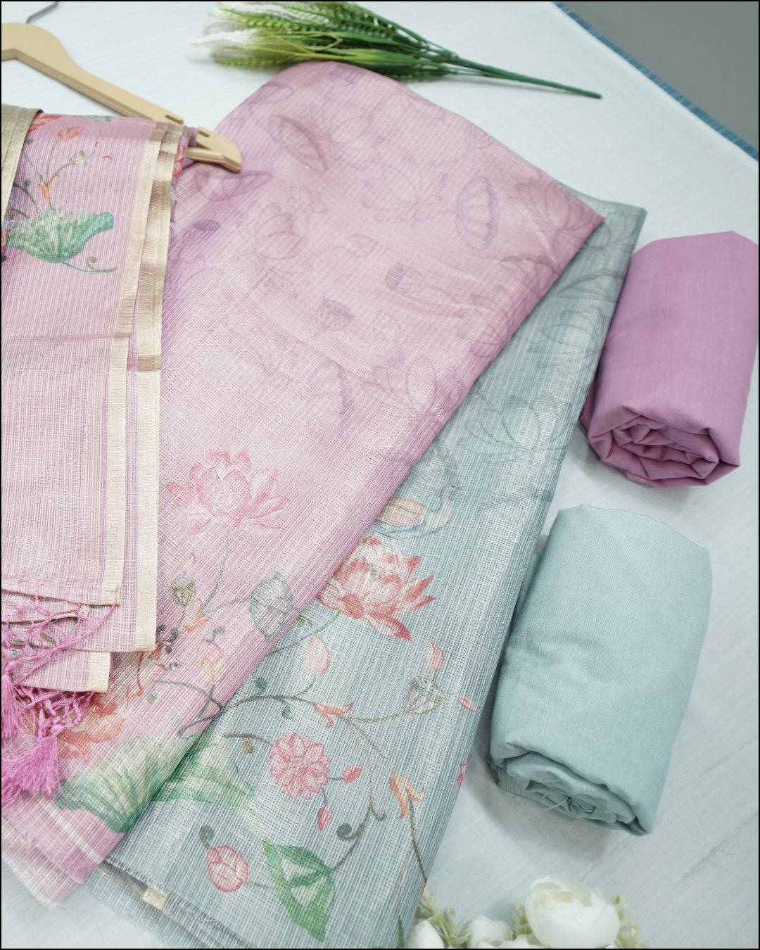 Unstitched Printed Tissue Suit Set with Floral Dupatta