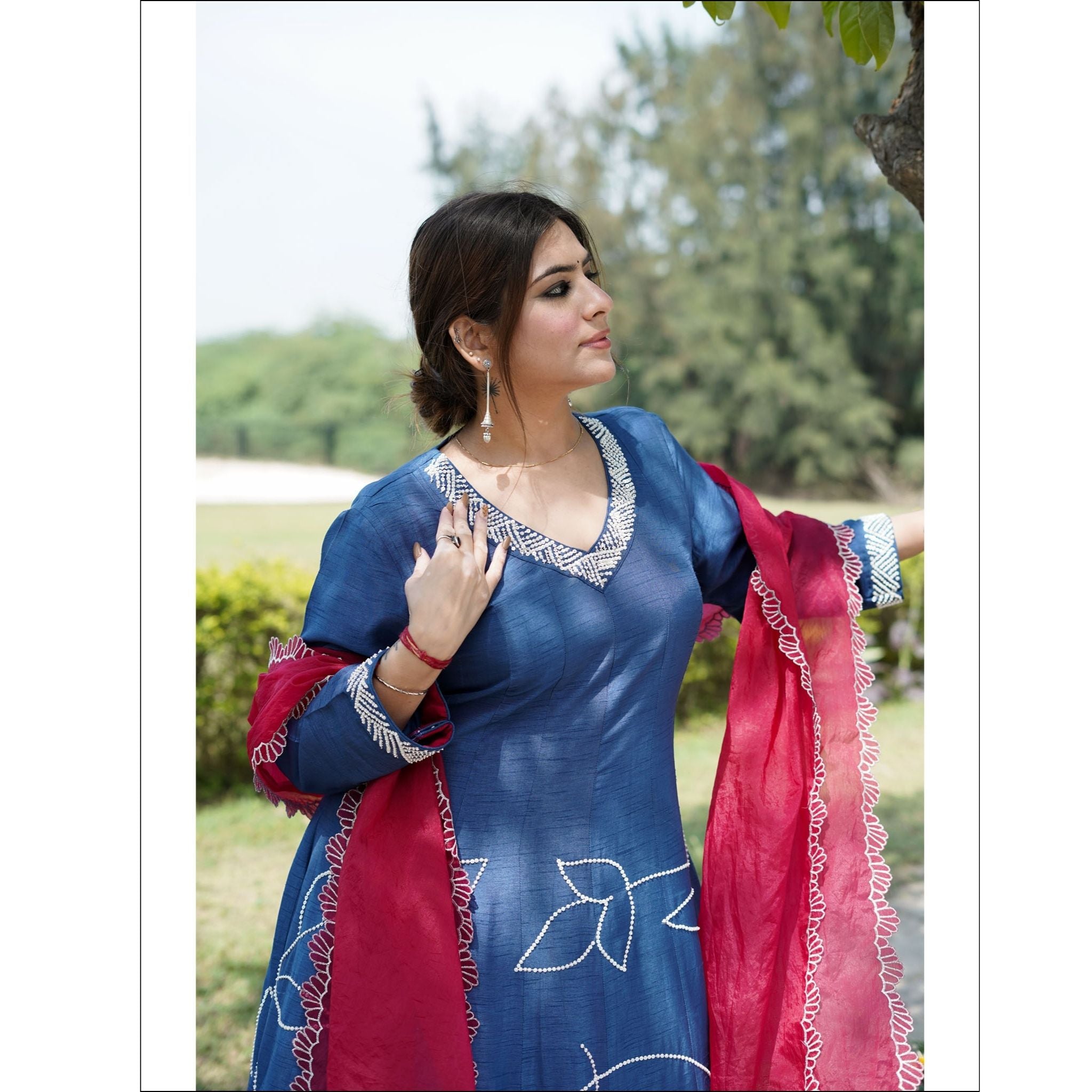 Blue Dupian Anarkali Suit with Organza Dupatta & Hand Embroidery