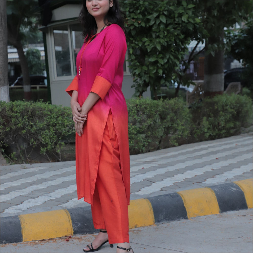 Ombre Dupian Silk Kurti Pant Set with Boat Neck & Tassels