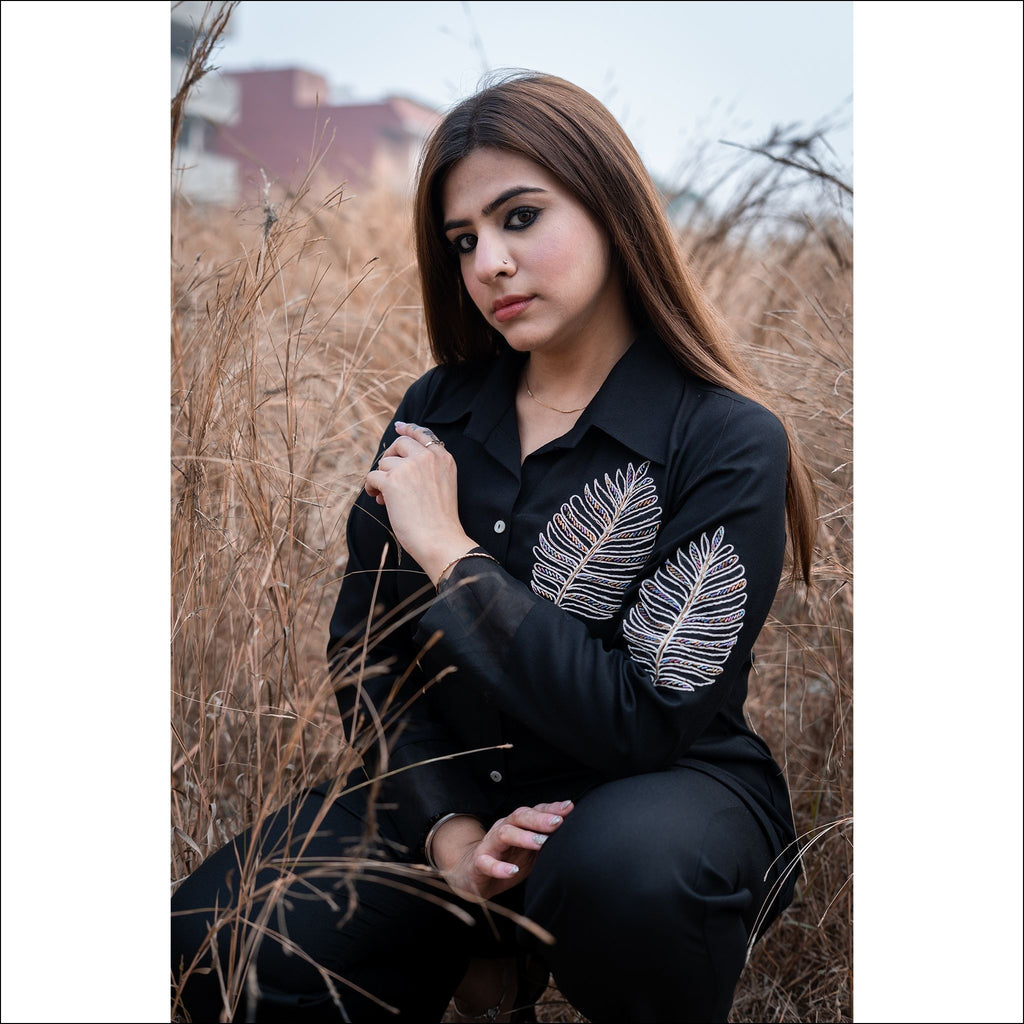 Black Spun Co-ord Set with Dori Leaf Work & Organza Sleeve Detail