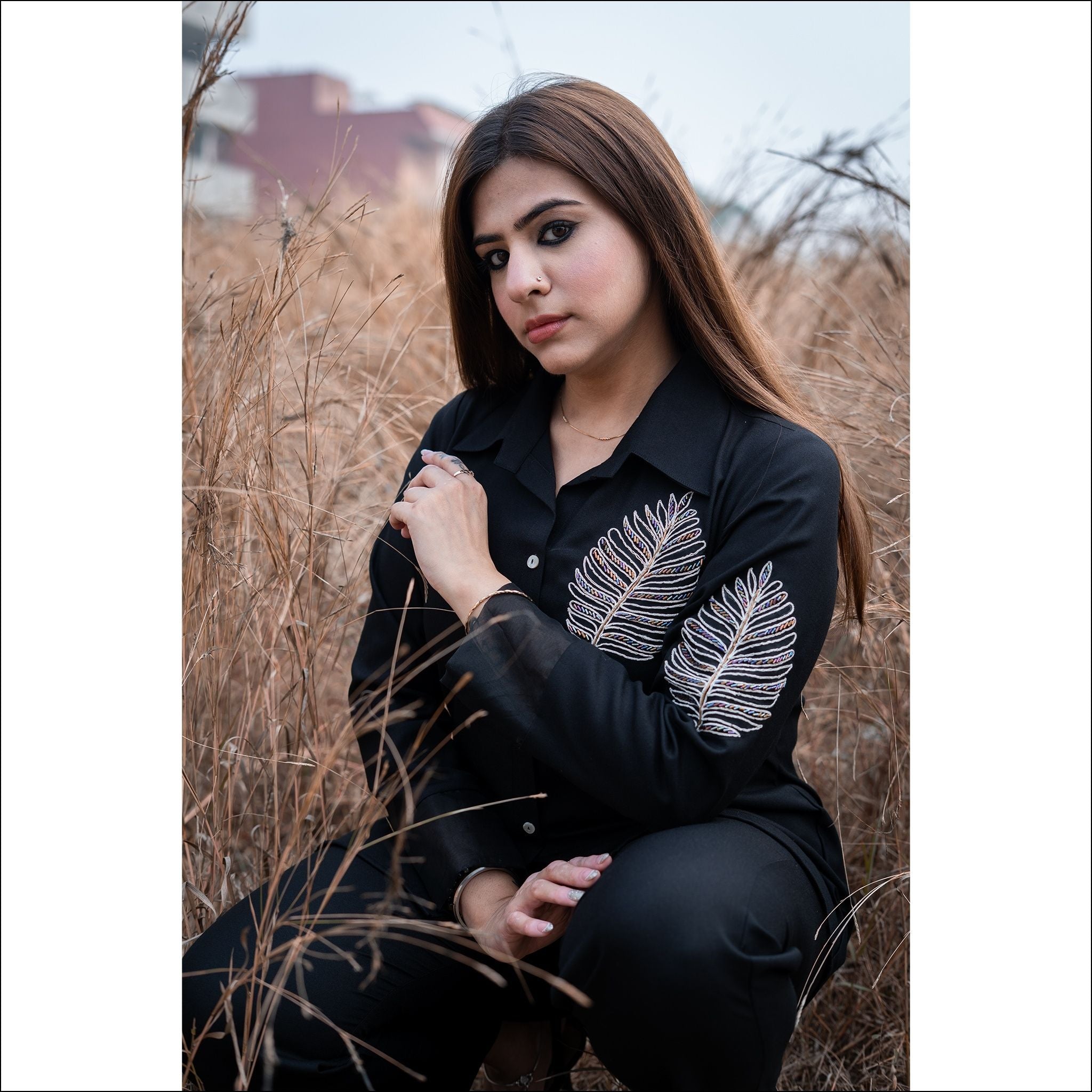 Black Spun Co-ord Set with Dori Leaf Work & Organza Sleeve Detail