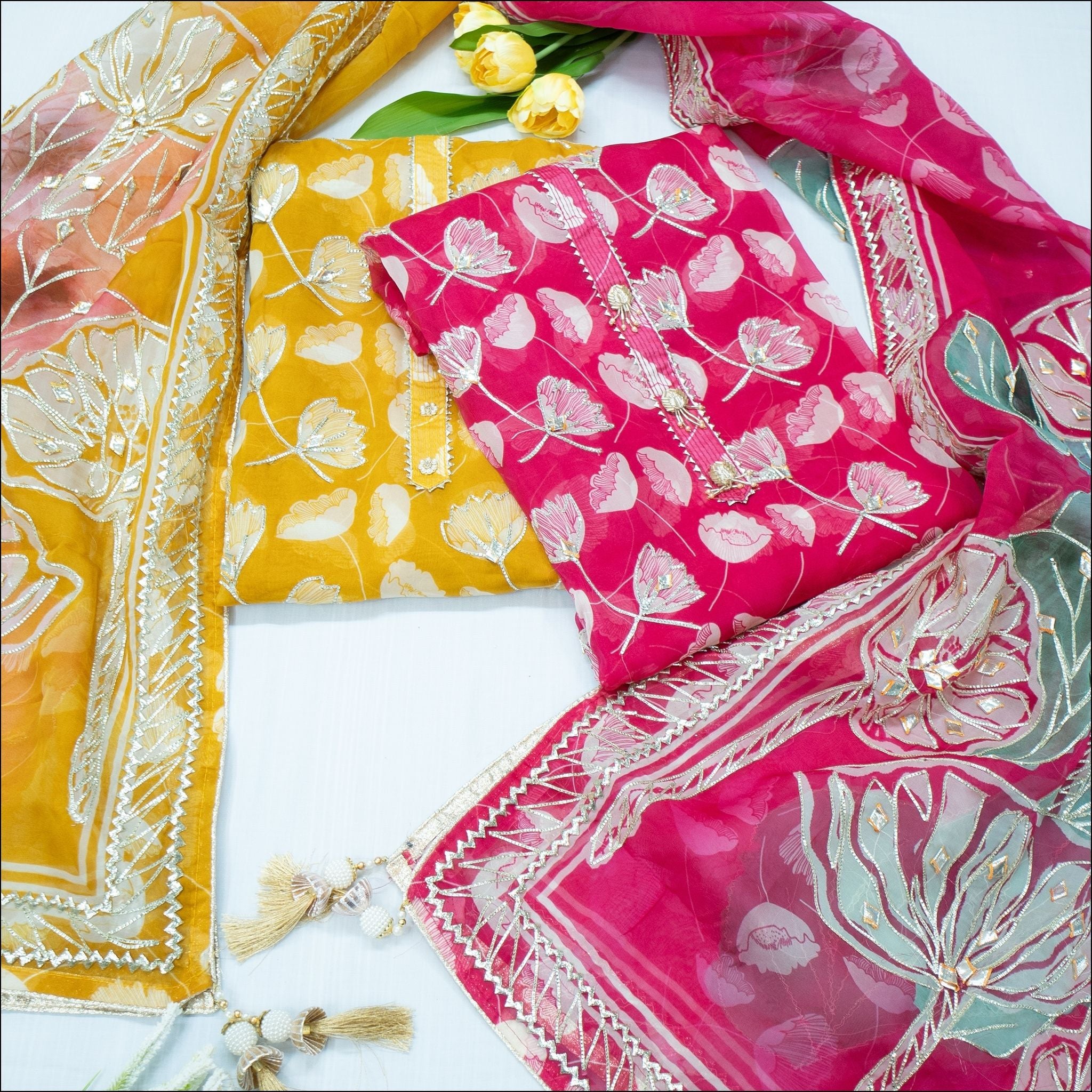 Pink Yellow Organza Unstitched Suit Set with Gotta Patti Work