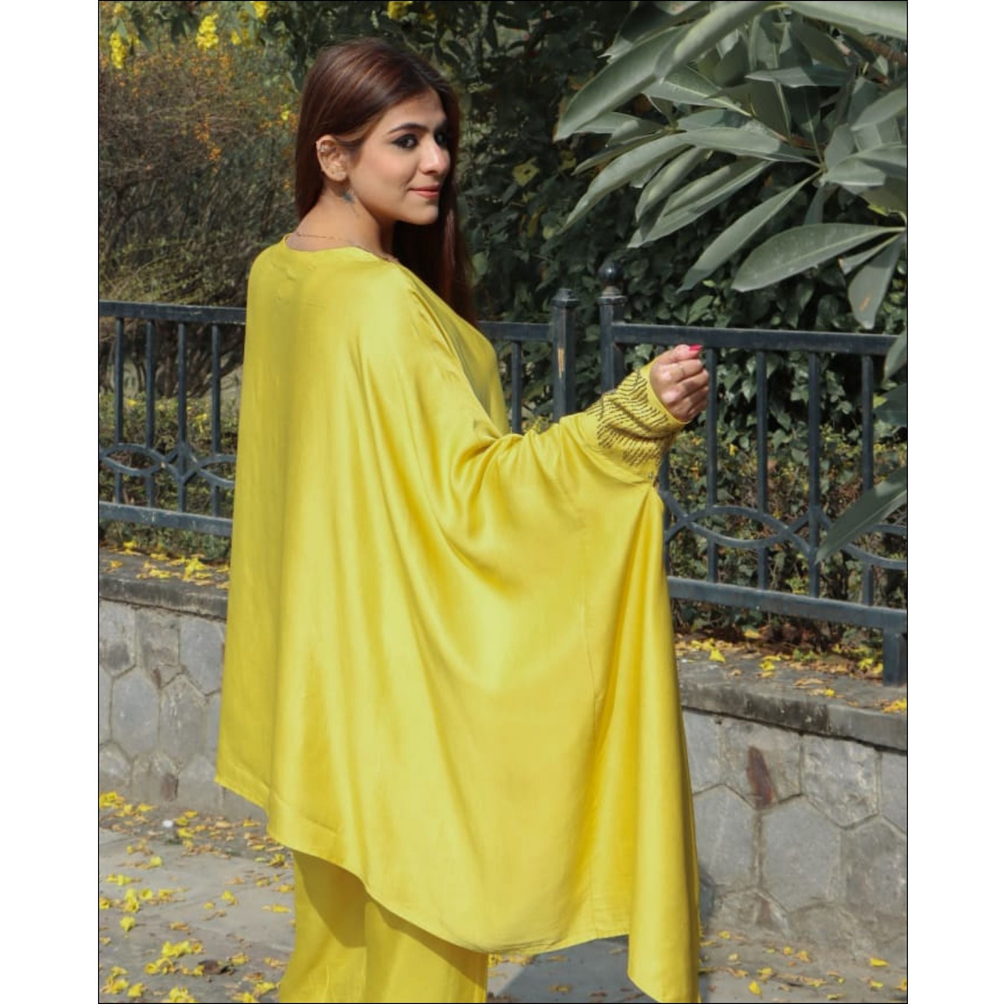 Yellow Silk Indo Western Kaftan Set with Cut-Dana Work