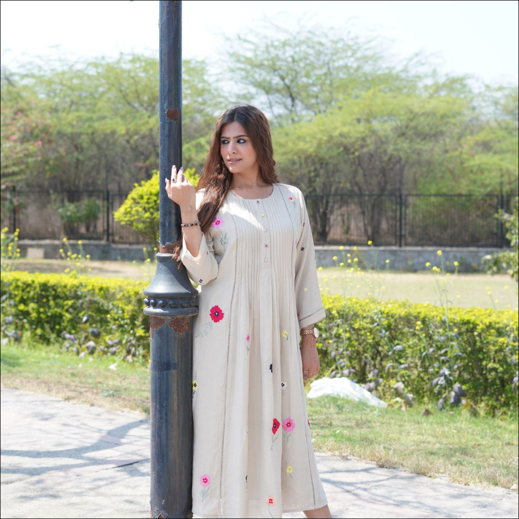 Beige Cotton Silk Pleated Dress with Floral Embroidery & Lace