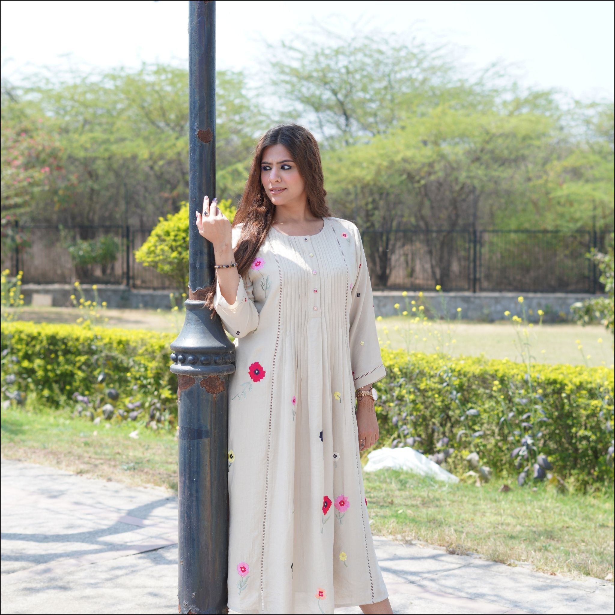 Beige Cotton Silk Pleated Dress with Floral Embroidery & Lace
