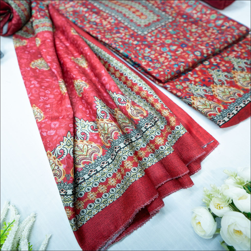 Red Blue Rust Purple Spun Unstitched Winter Suit Set
