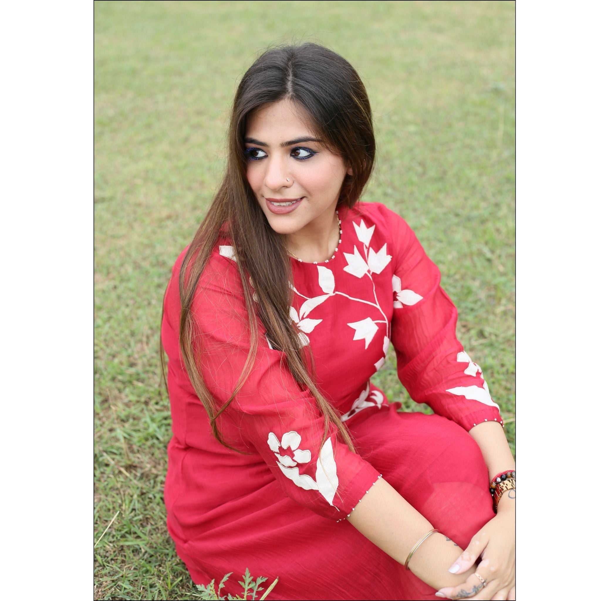 Red Mul Cotton Kurti with Applique & Pearl Work