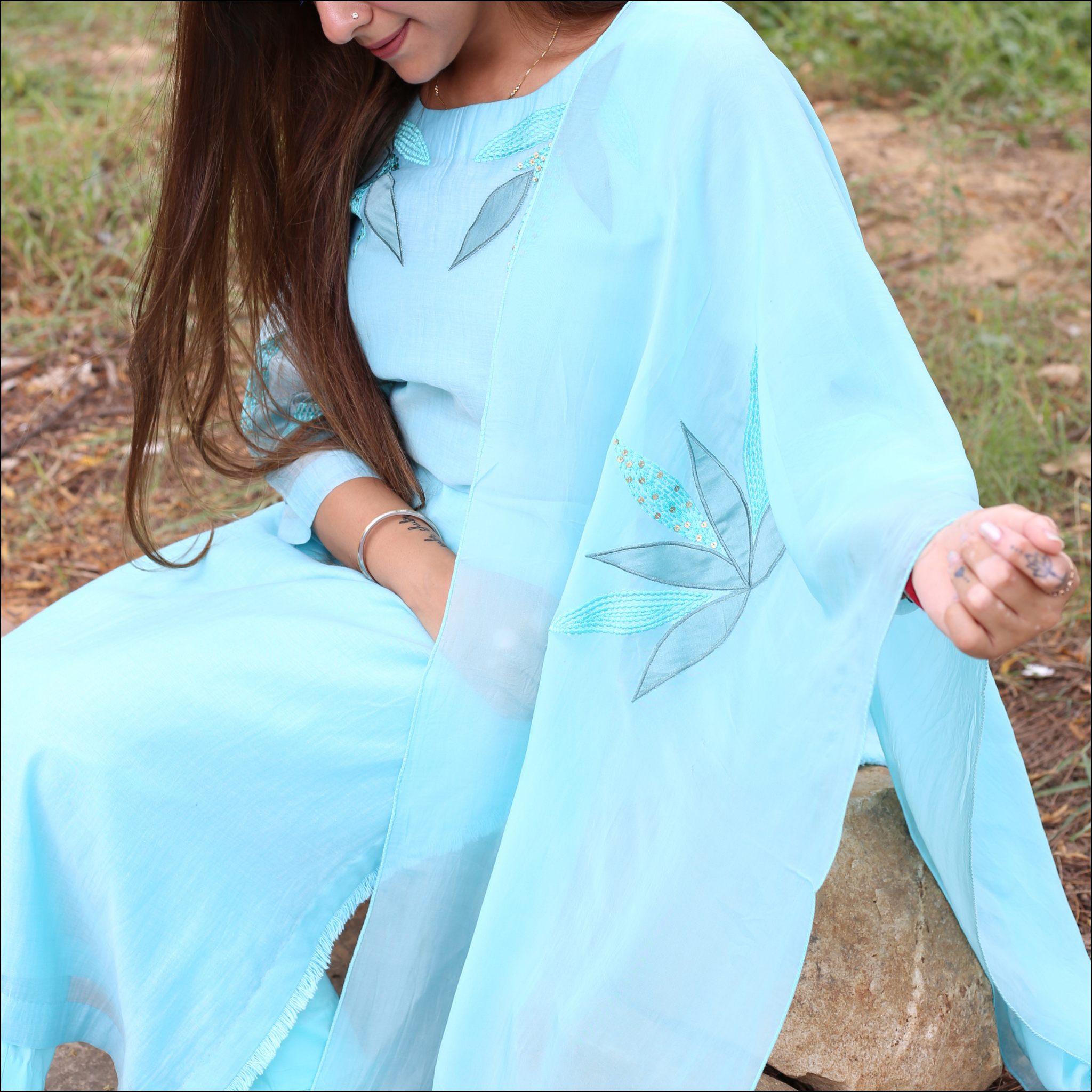Ice Blue Suit Set with Organza Dupatta & Sequin Embroidery