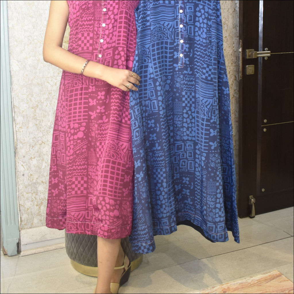 Pink & Blue Muslin A-Line Dress with Lining