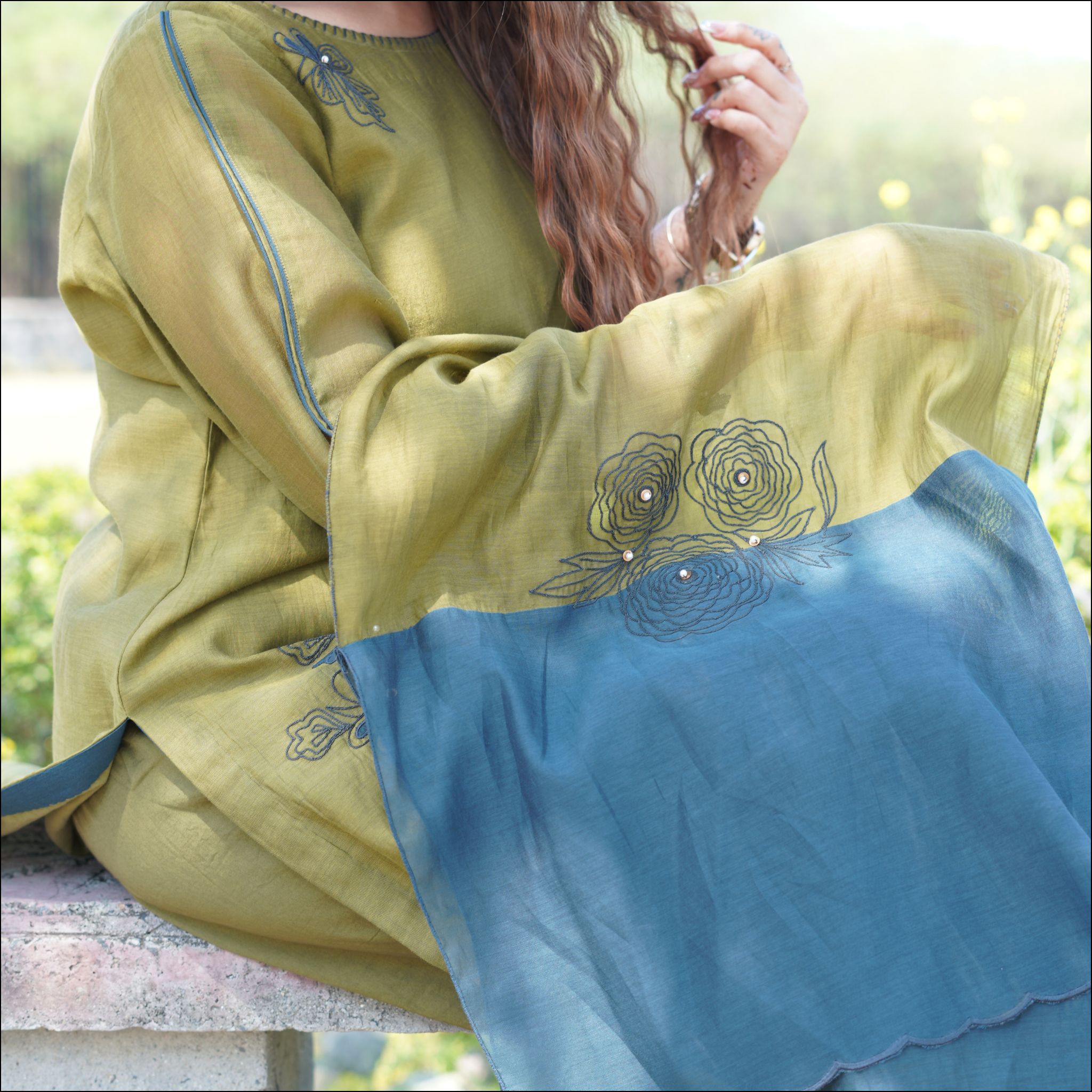 Suit Set with Dori Work & Double-Color Embroidered Dupatta