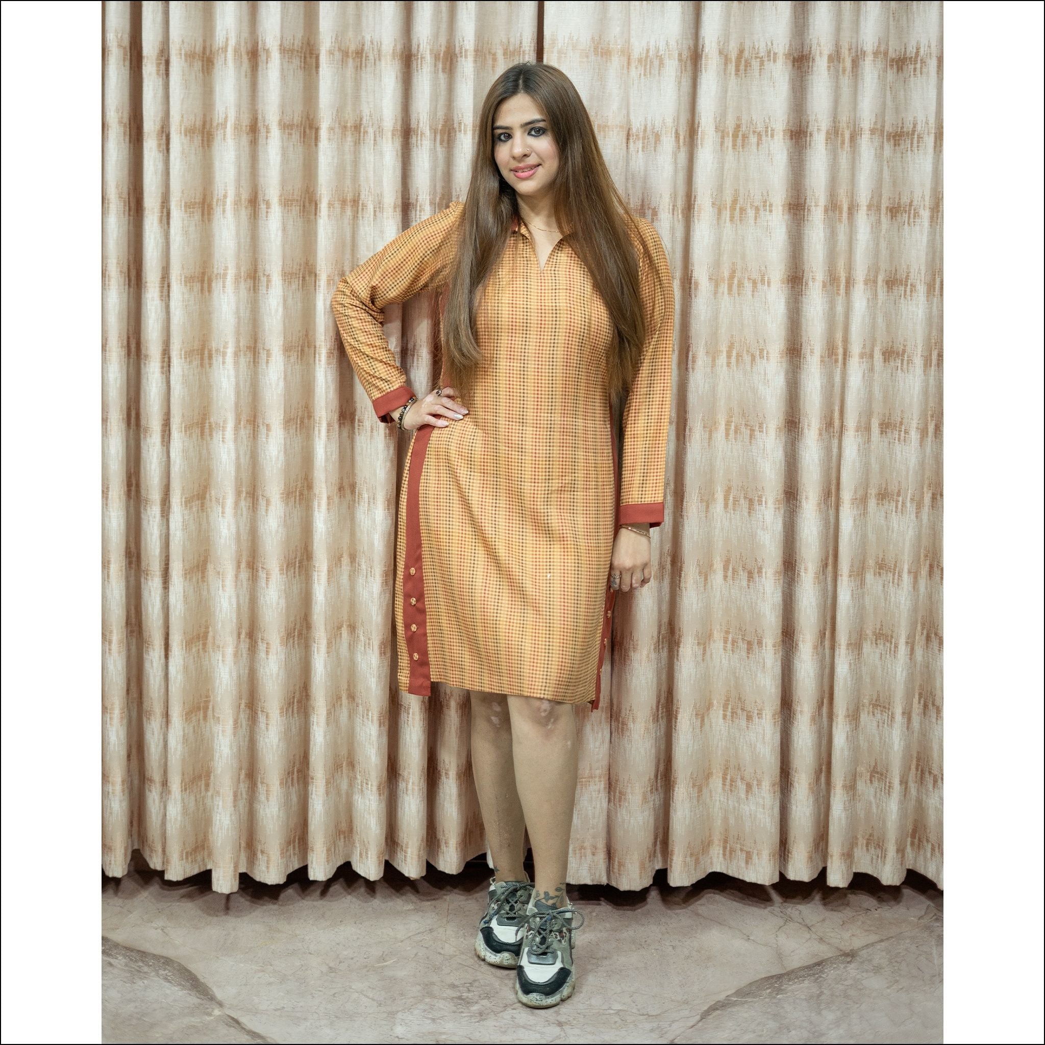 Mustard Yellow Spun Checks Dress with Collared Neck & Wooden Buttons