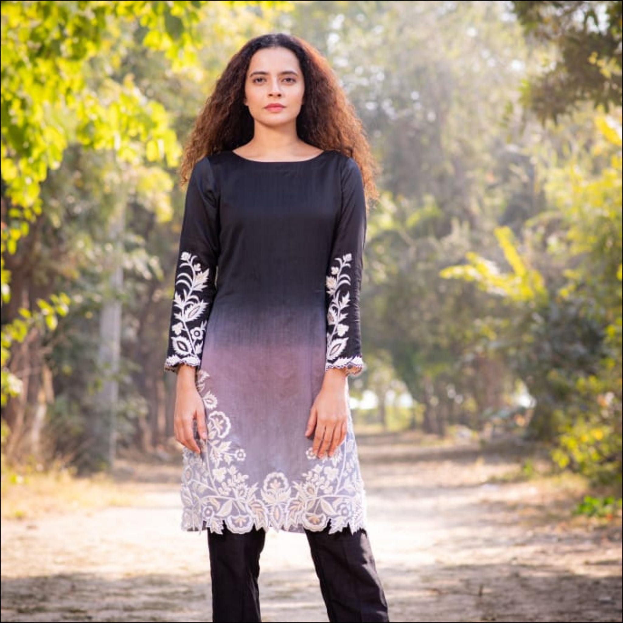 Grey Black Ombre Chanderi Kurti Pant Set with Heavy Thread Embroidery