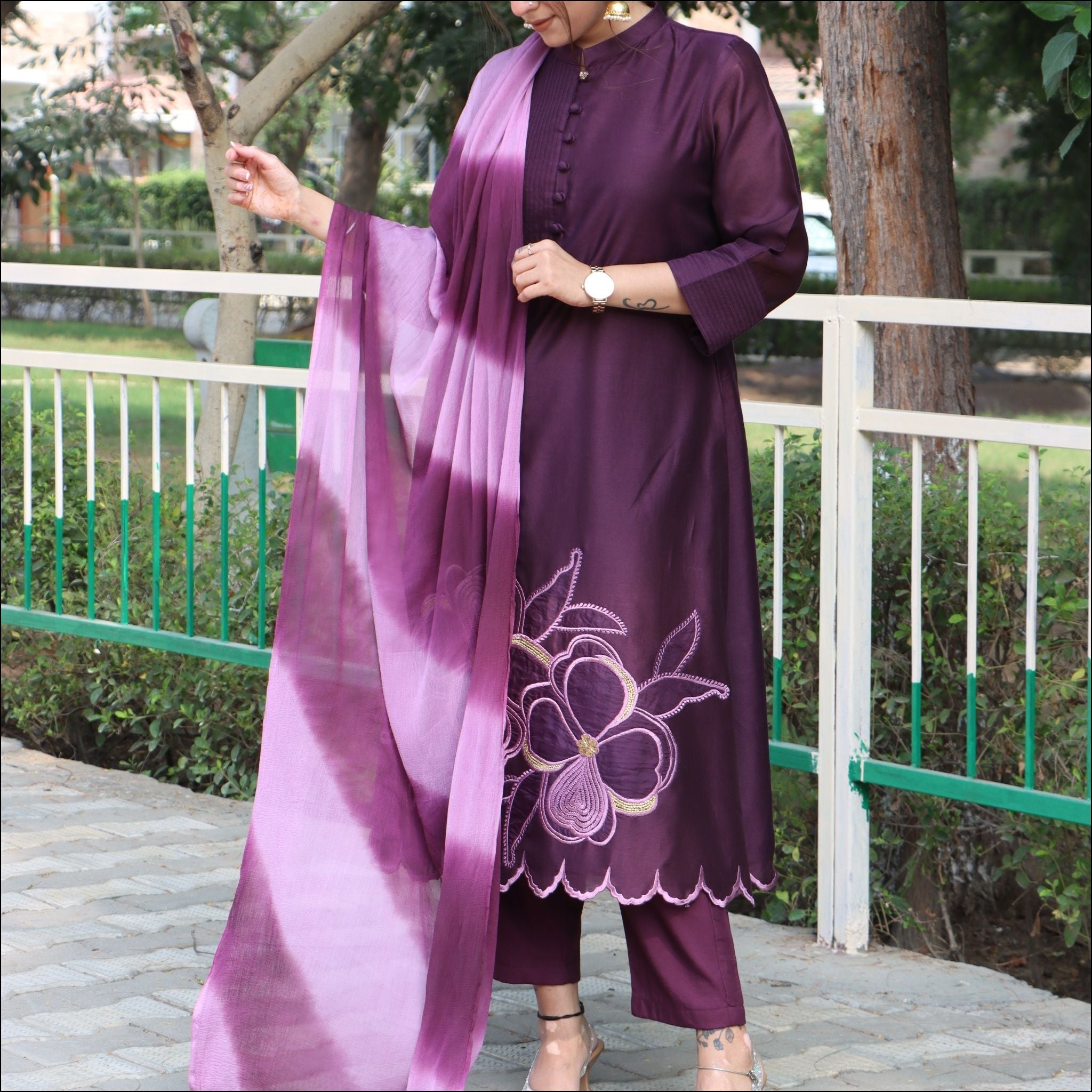 Chinese Collar A-Line Suit with Embroidered Motifs & Chiffon Dupatta