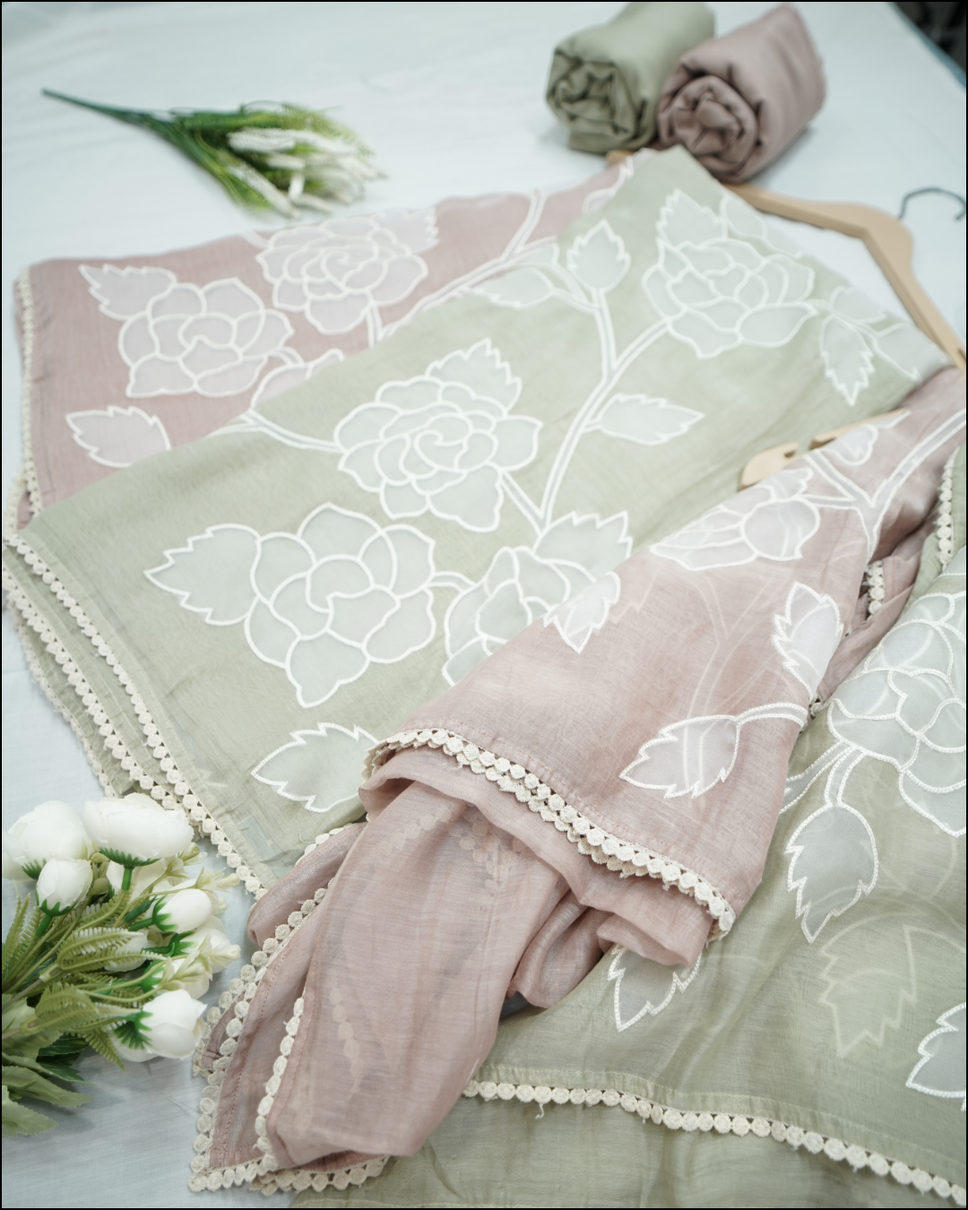 Unstitched Mul Cotton Suit Set with Organza & Thread Work Dupatta