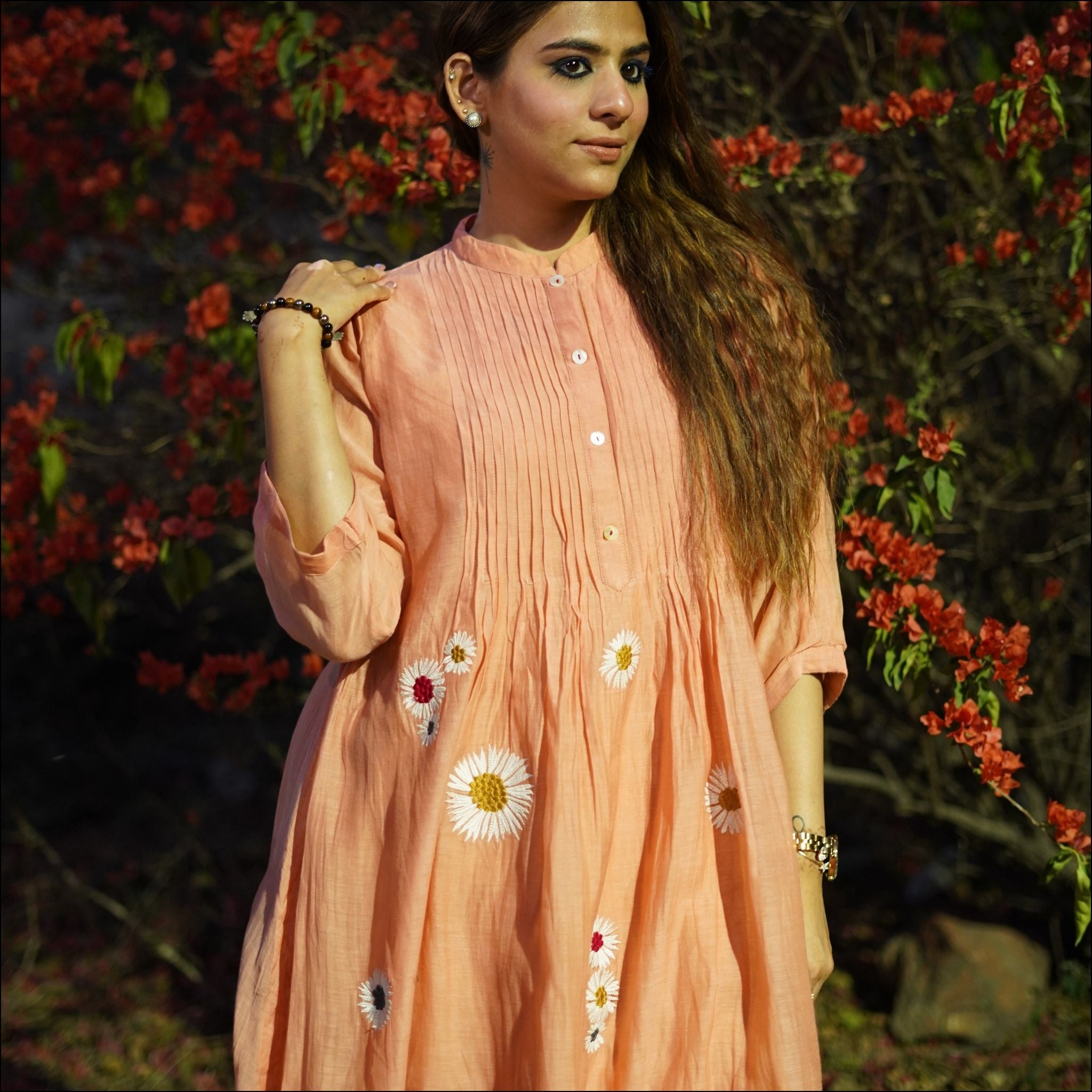 Peach Mul Cotton Pleated Kurti with Puff Sleeves & Cotton Pants