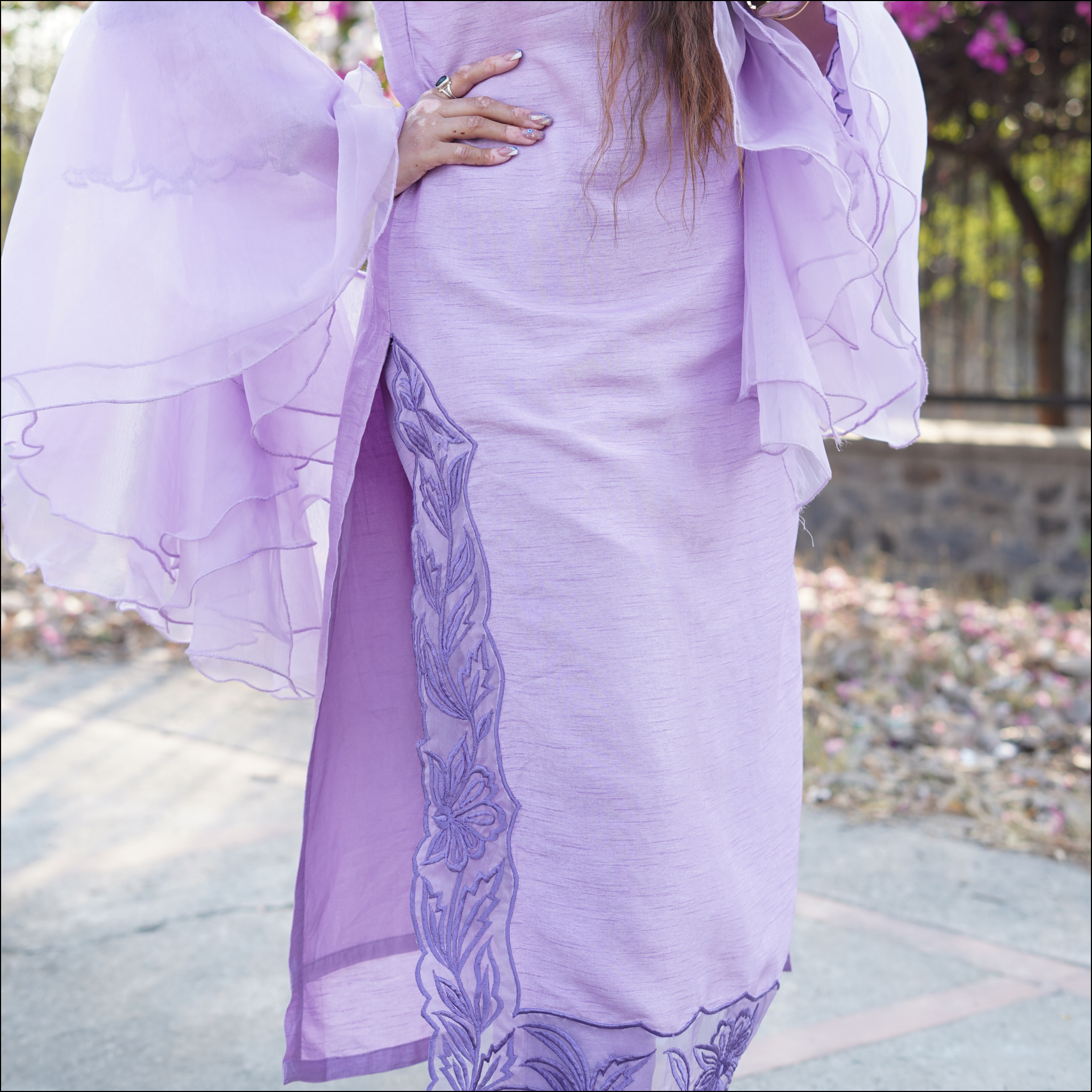 Dupion Silk Kurti Pant Set with Embroidered Organza Ruffled Dupatta