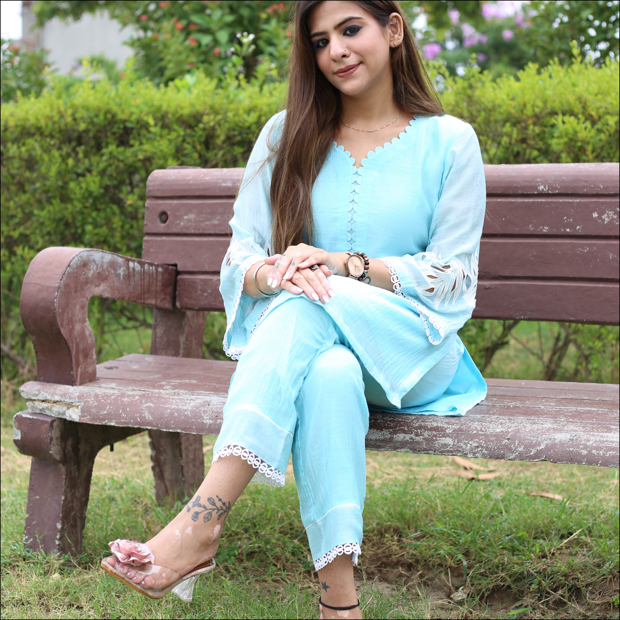 Ice Blue Mul Cotton Co-ord Set with Embroidery & Lace Detailing