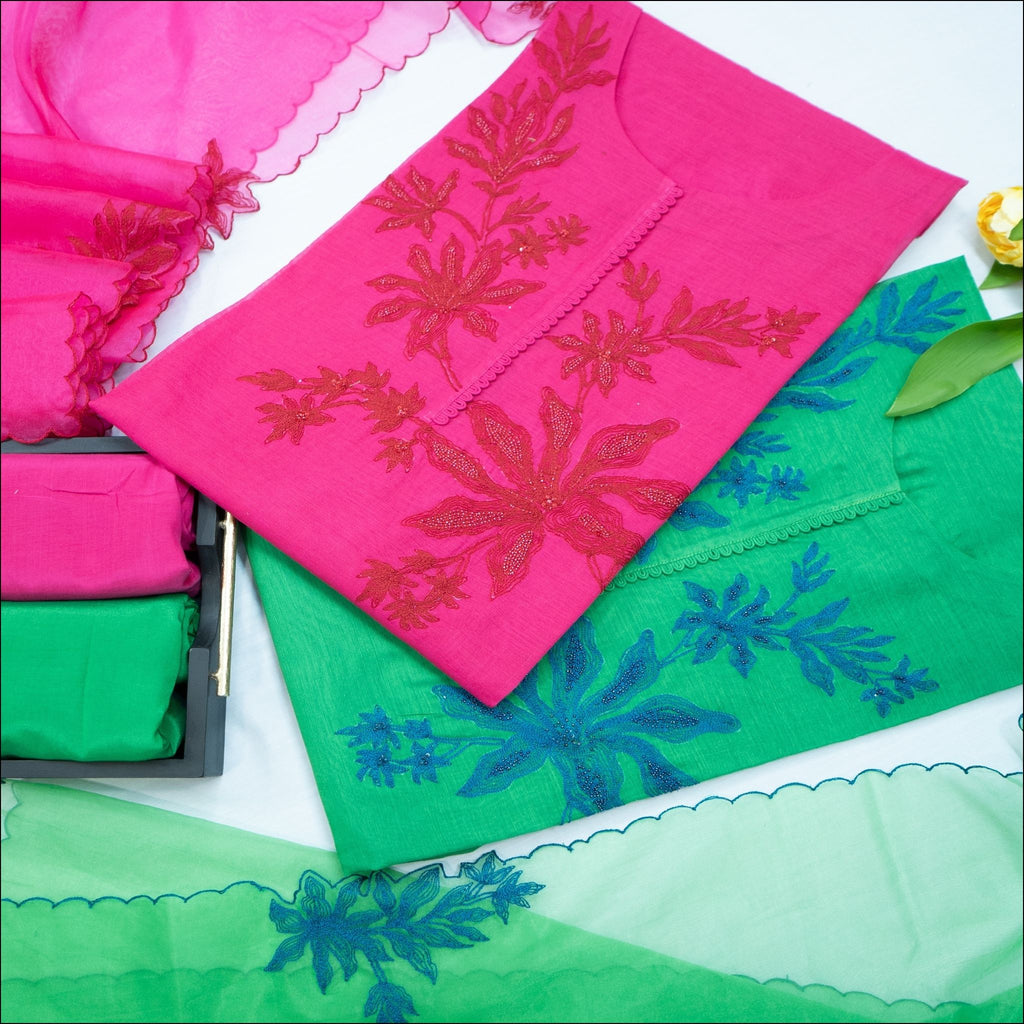 Pink Green Chanderi Silk Unstitched Suit Set with Hand Work & Organza Dupatta