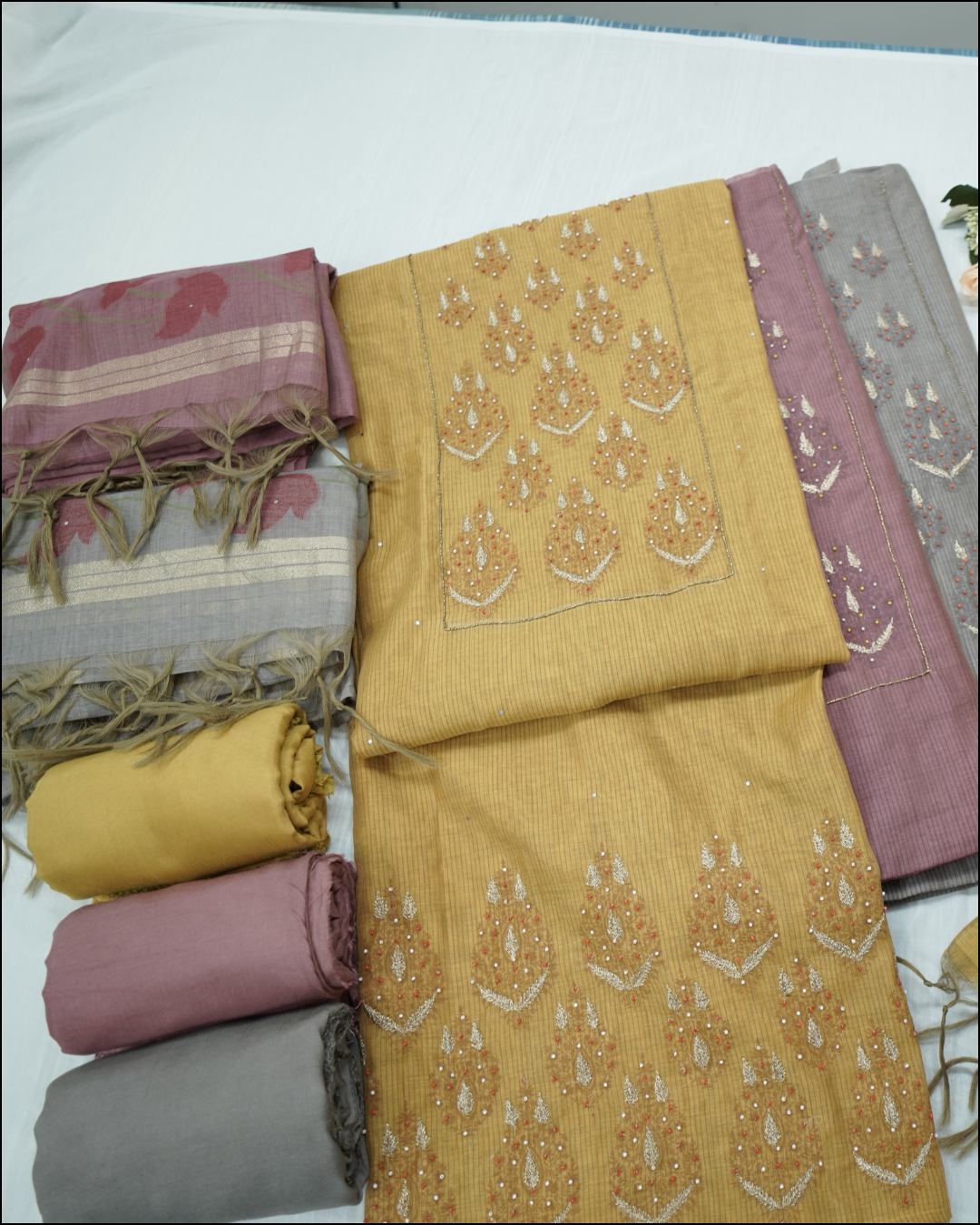 Unstitched Suit Set with Zari & Pearl Work and Chanderi Jamdani Dupatta