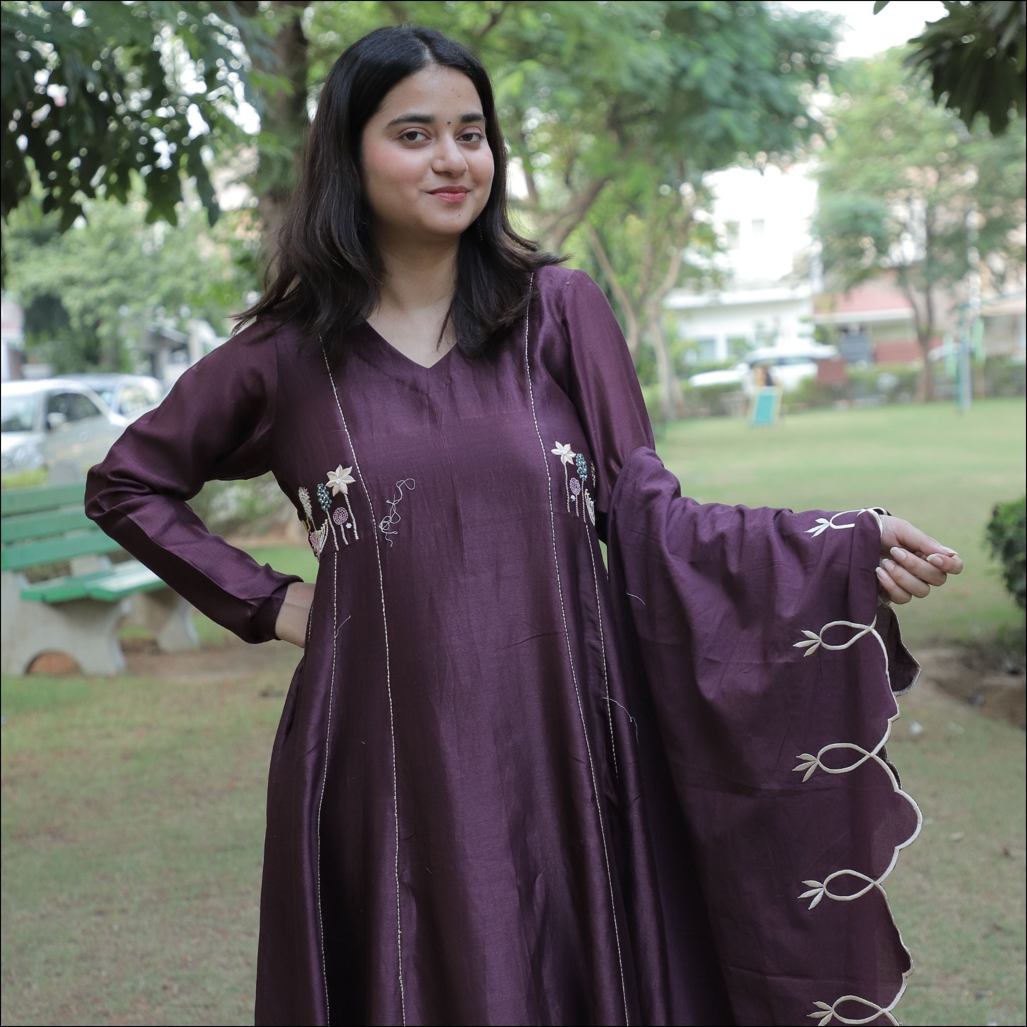Full Sleeves Kurti with Colorful Thread Work & Embroidered Mul Cotton Dupatta