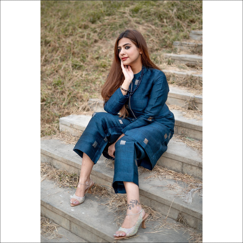 Indigo Blue Silk Short Kurti with Silver Zari Weaving & Wide-Leg Pants