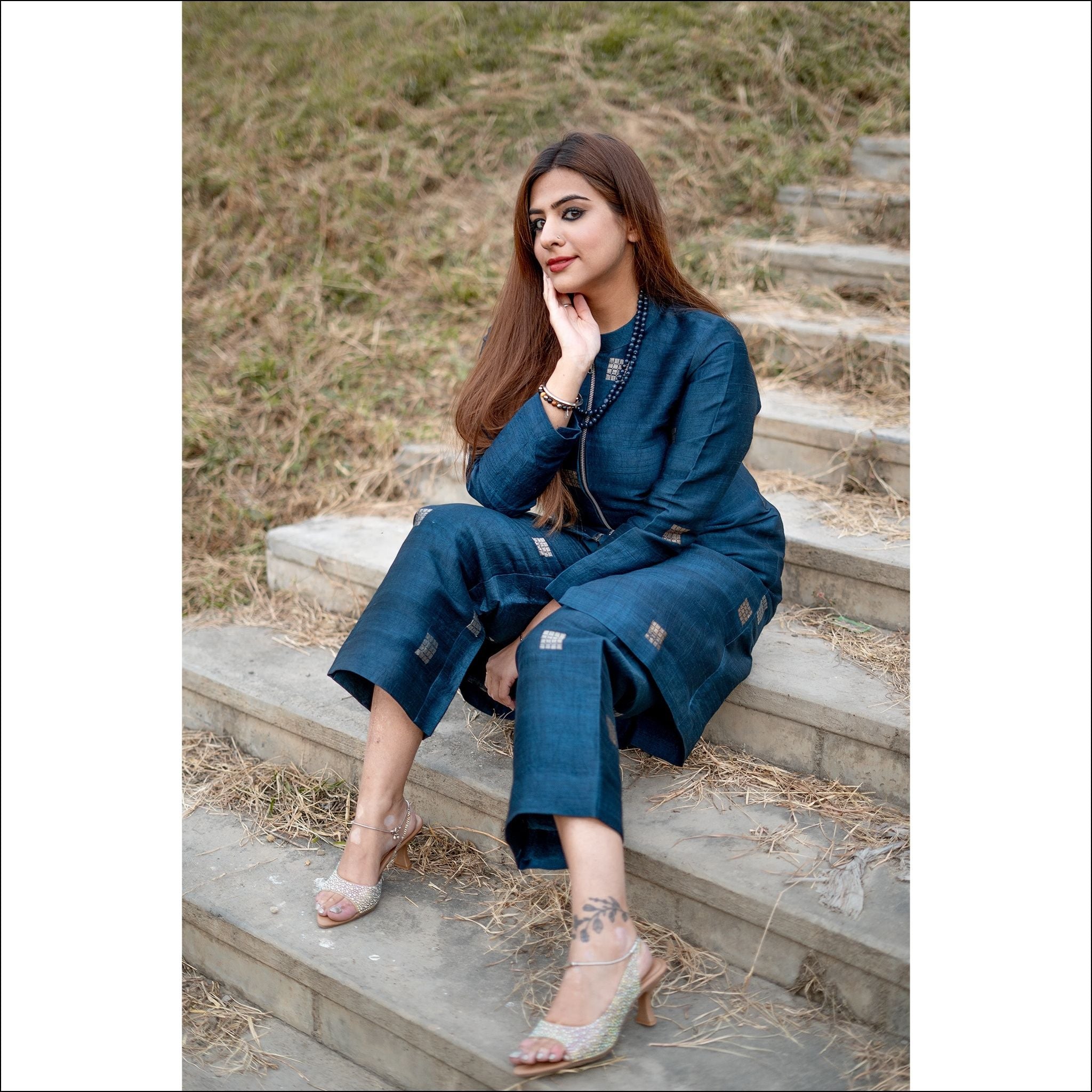 Indigo Blue Silk Short Kurti with Silver Zari Weaving & Wide-Leg Pants