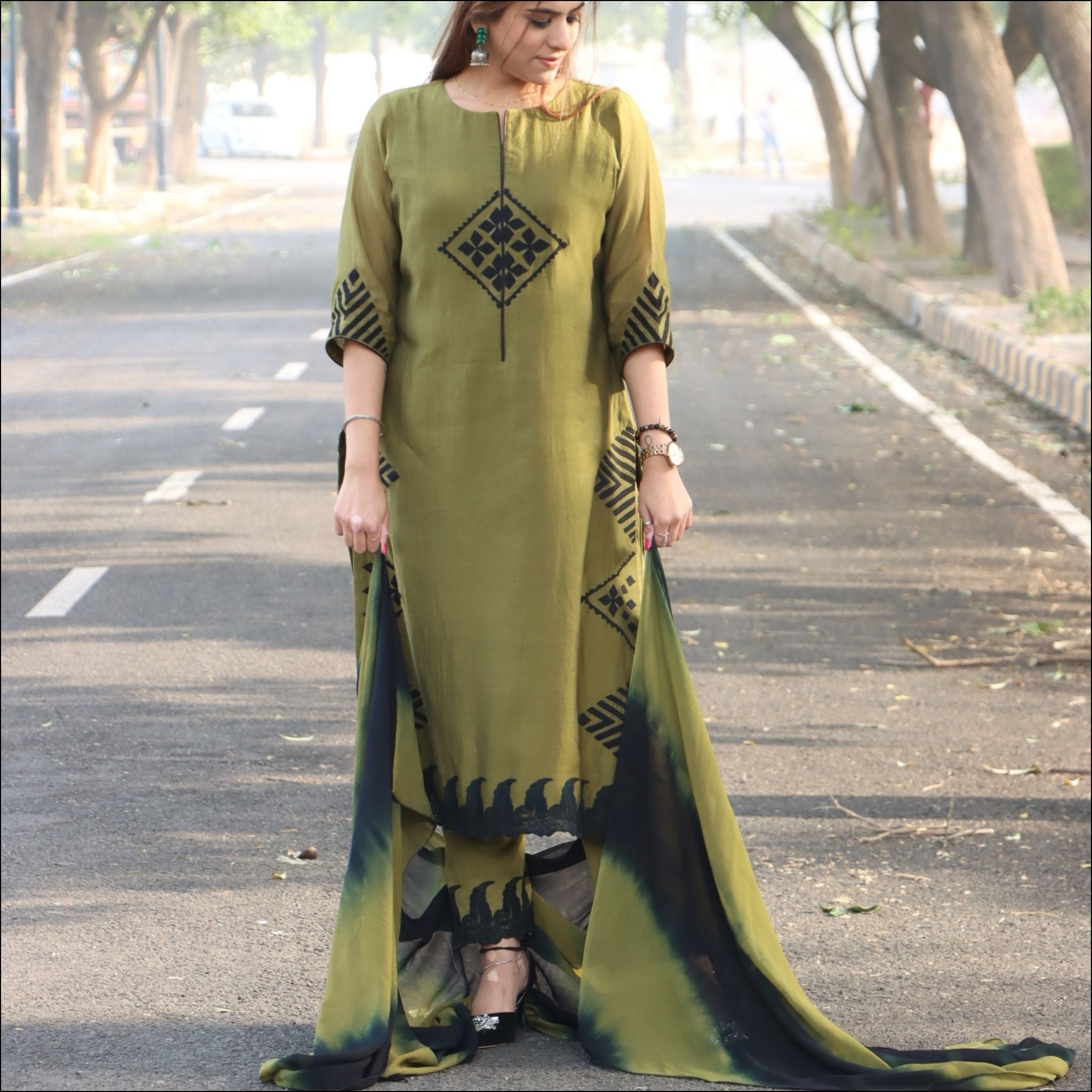 Mehendi Green Malai Cotton Suit with Applique Work & Shaded Dupatta