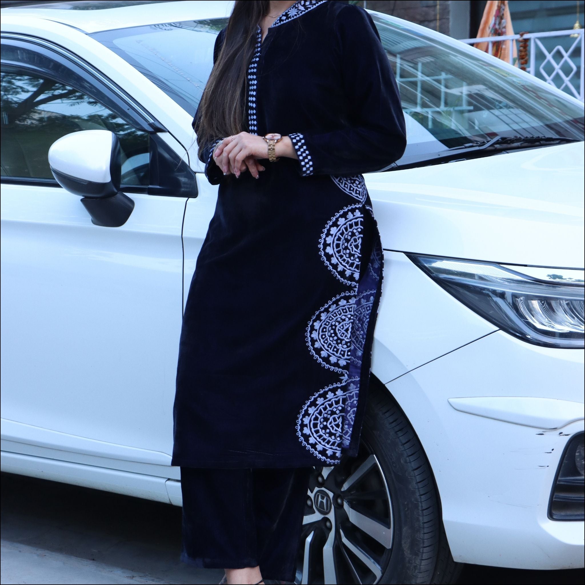 Dark Blue Velvet Kurti Pant Set with Embroidered Collar & Sleeves