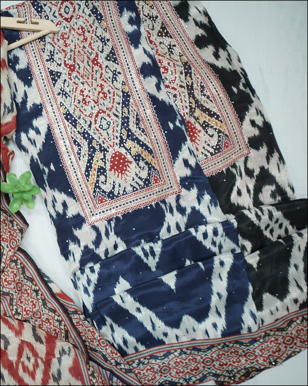 Unstitched Crepe Suit Set with Zari Work & Bold Print Dupatta