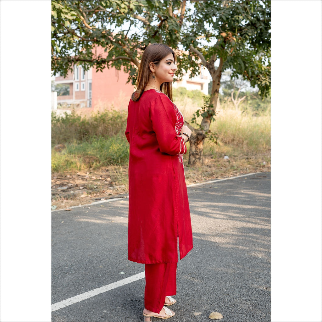 Red Black Dupian Silk Kurti Pant Set with Applique Work