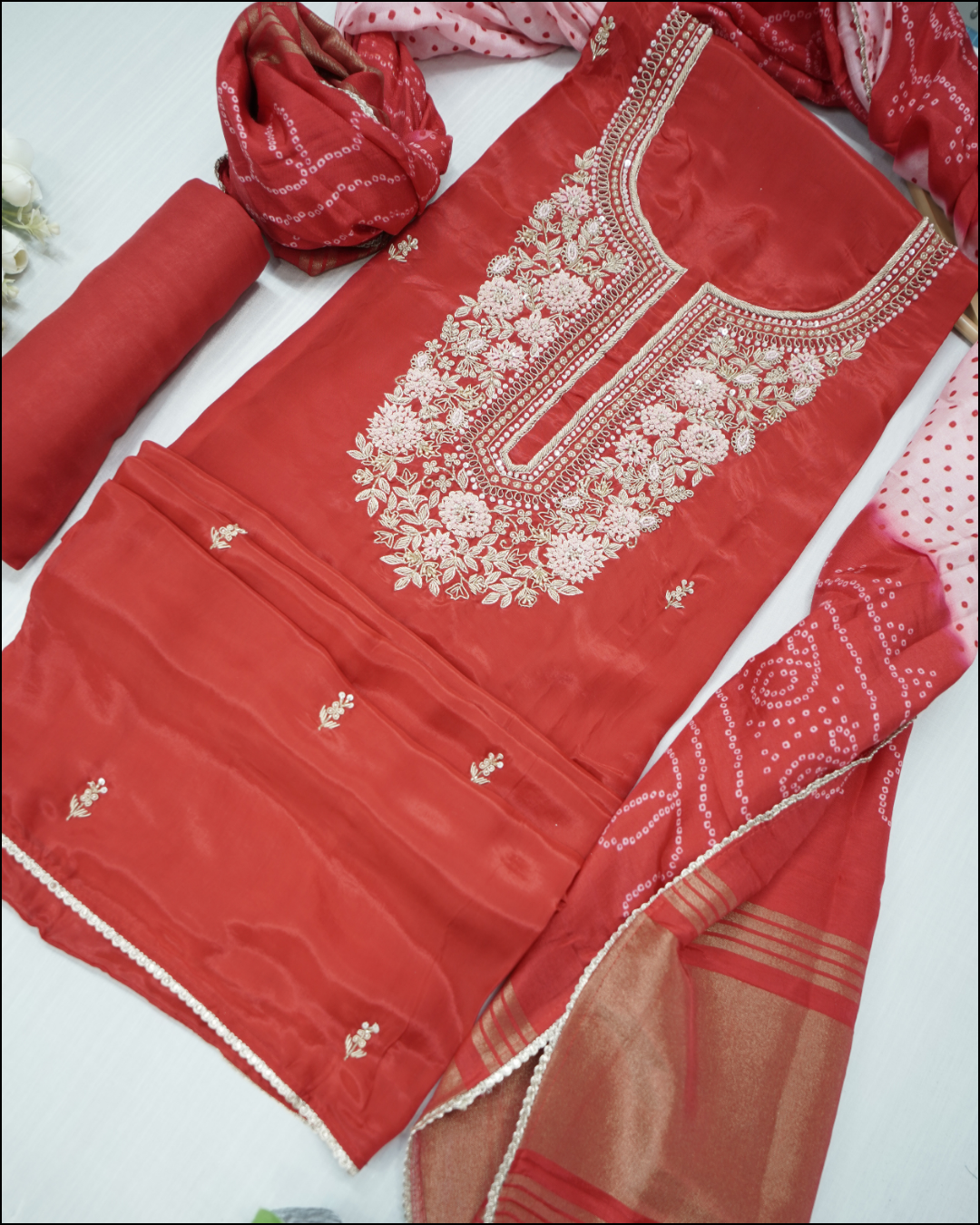 Unstitched Crepe Suit Set with Handwork Yoke & Bandhej Dupatta