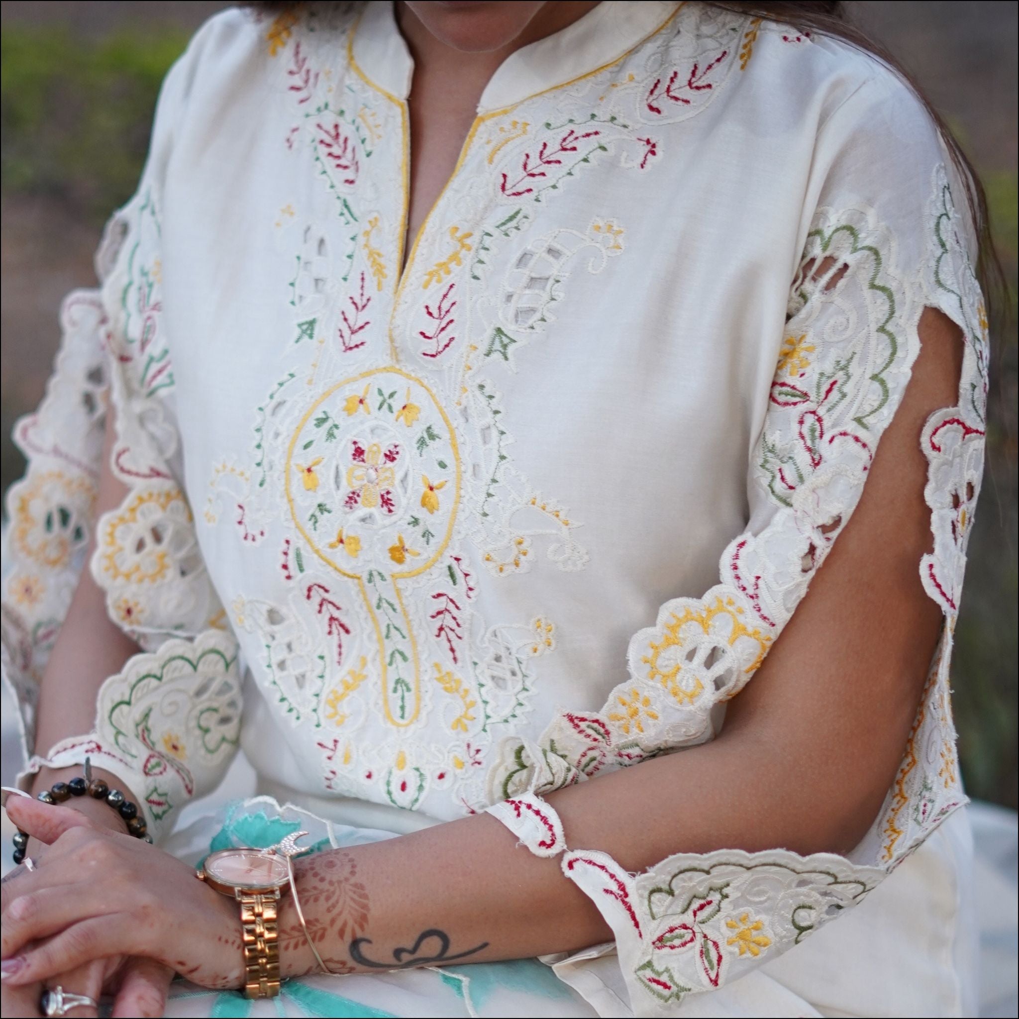 Off-White Cotton Chanderi Suit Set with Embroidered Organza Dupatta