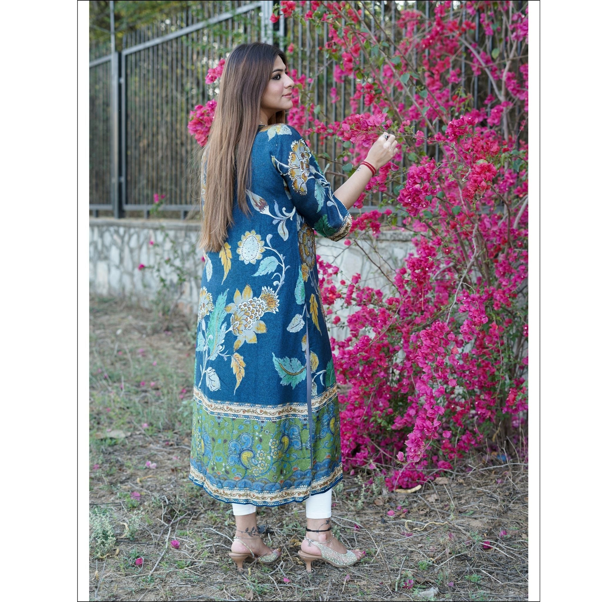 Deep Teal Blue Muslin Kurta with Floral Print & Dori Tassels