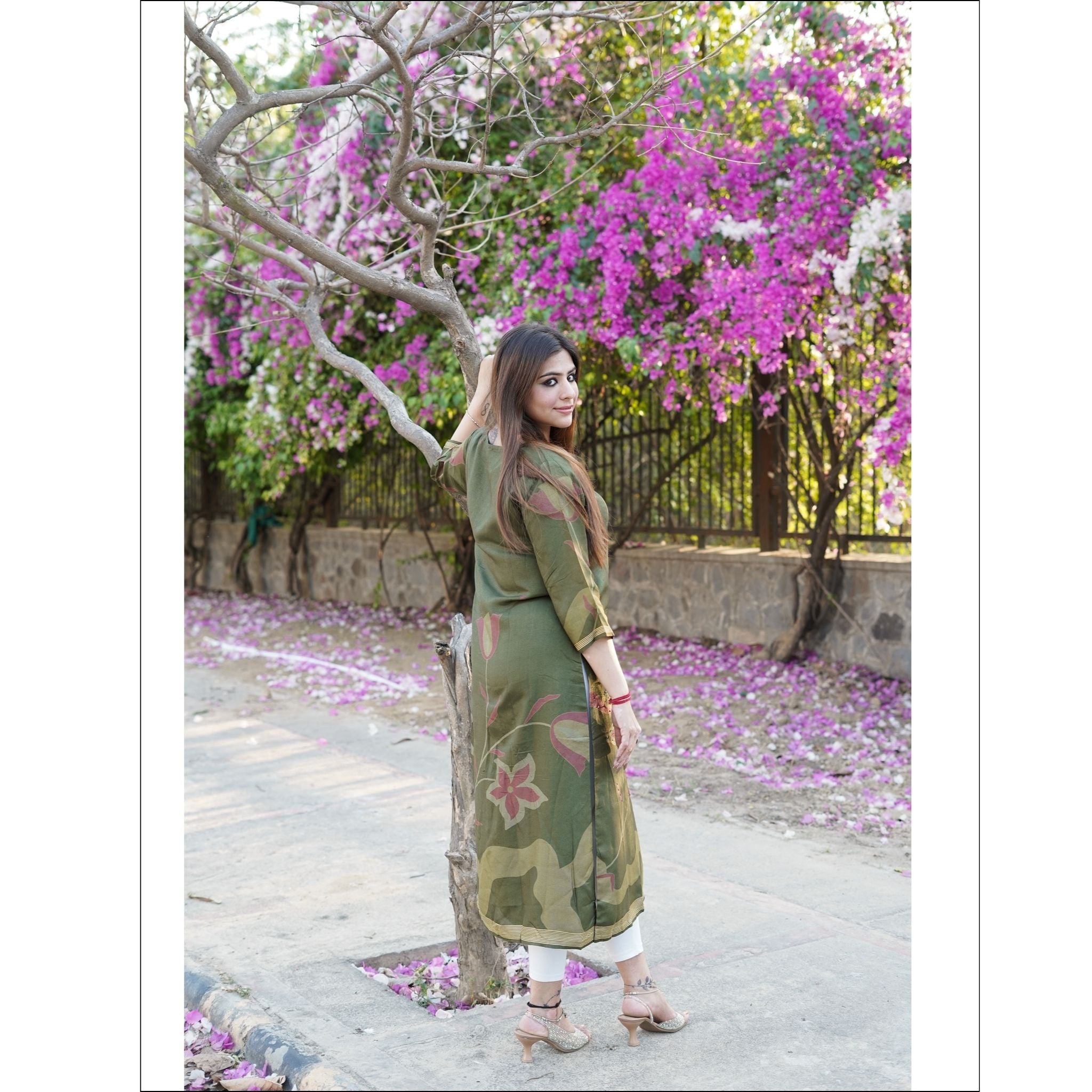 Olive Green Muslin Kurti with Floral Motifs & Designer Buttons