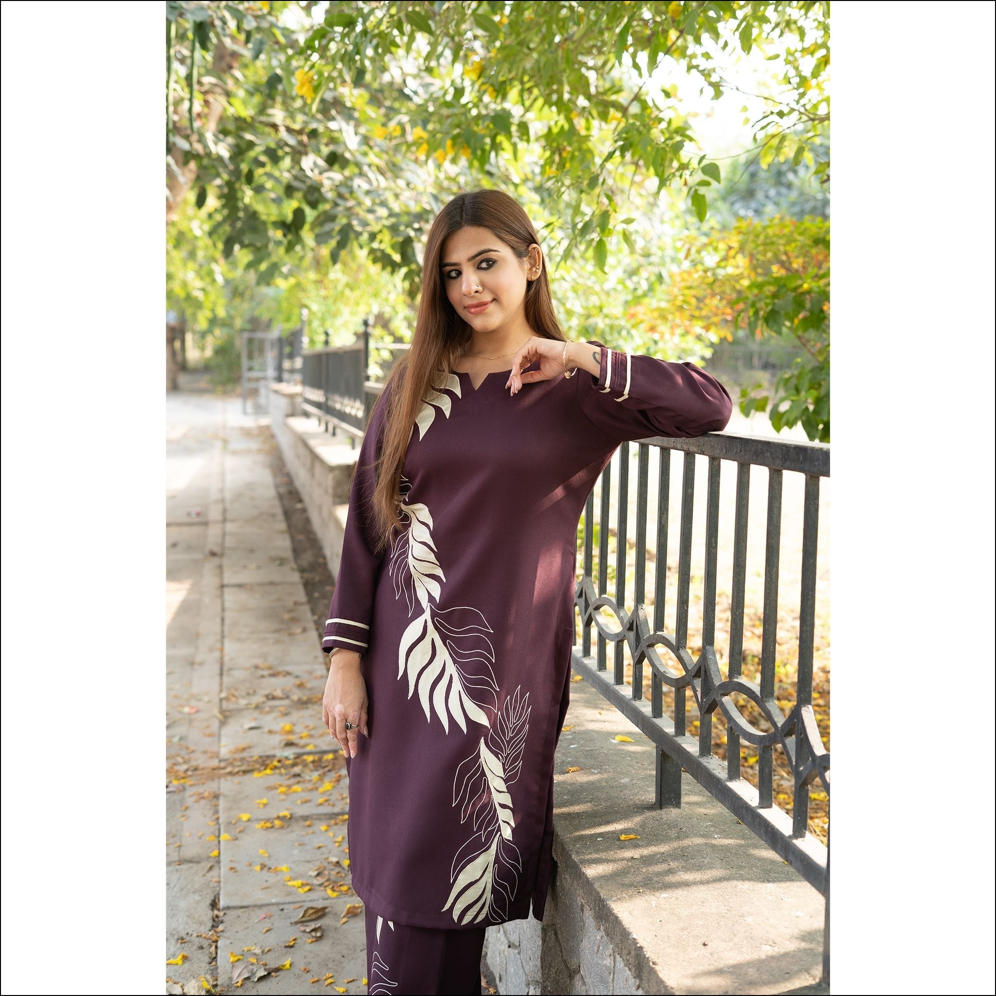 Wine Spun Kurti Pant Set with Applique Work & Pleated Sleeves