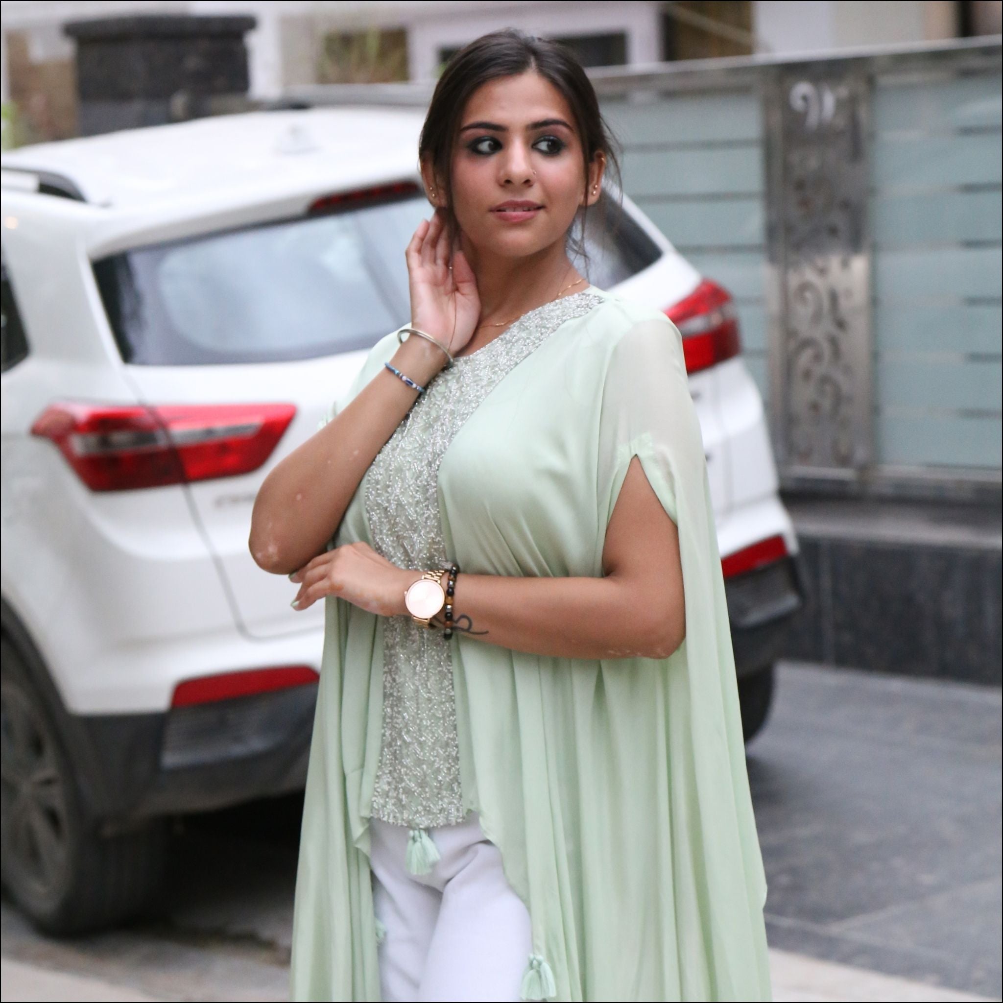 Indo Western Chinon Kaftan Top with Pearl & Cut Dana Handwork