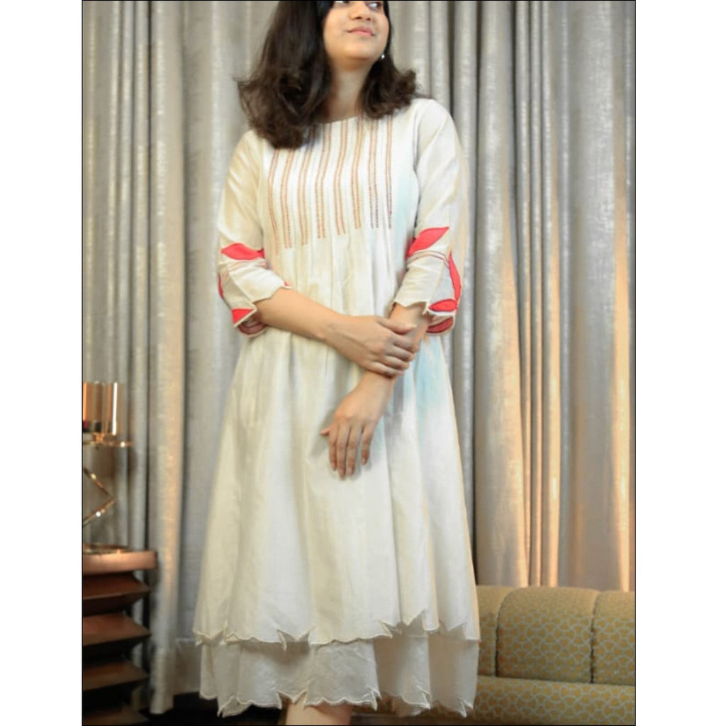 Pink Orange Chanderi Cotton Ombre Dress with Applique & Pleated Detailing