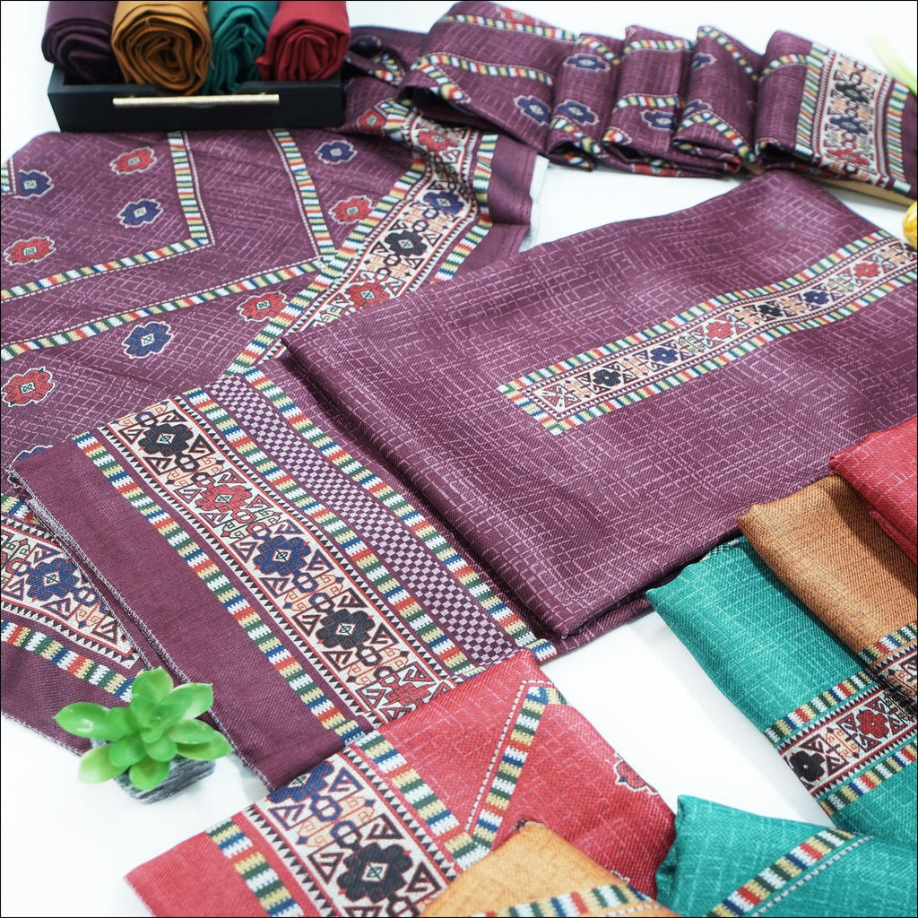 Red Maroon Brown Green Spun Unstitched Winter Suit Set