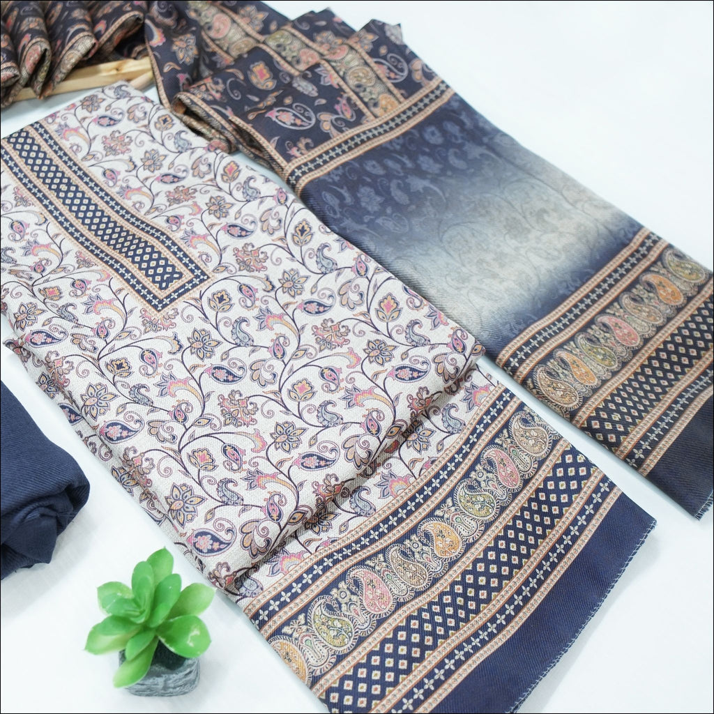 Green Brown Dark Blue Spun Unstitched Winter Suit Set