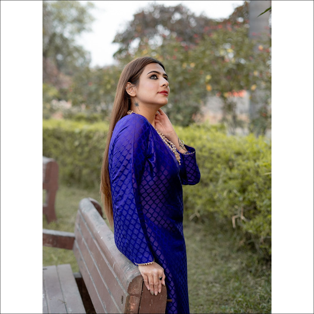 Royal Blue Silk Kurti Pant Set with Lace Neck & Sleeve Detailing