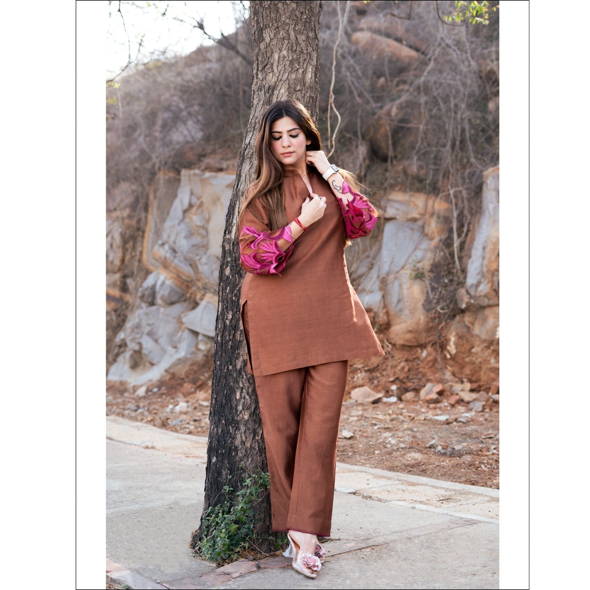 Gold Brown Cotton Chanderi Customized Co-ord Set with Applique & Hand Embroidery